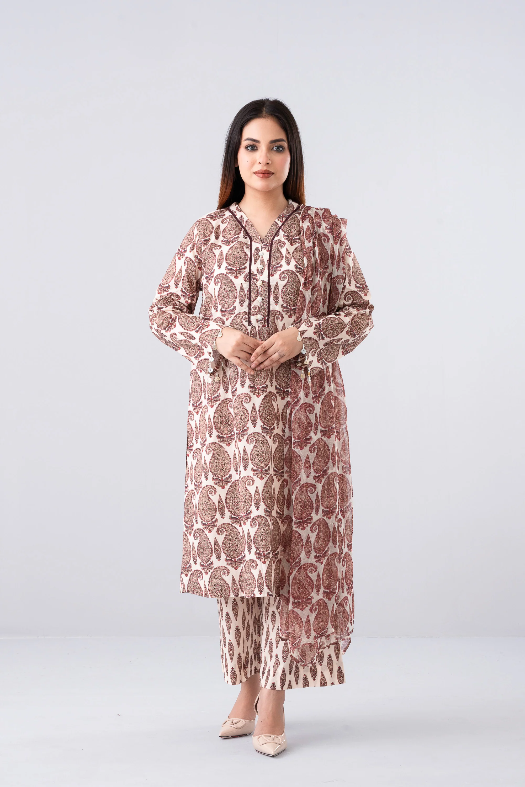 Relaxed Fit Printed Three-Piece Lawn with Chiffon Dupatta