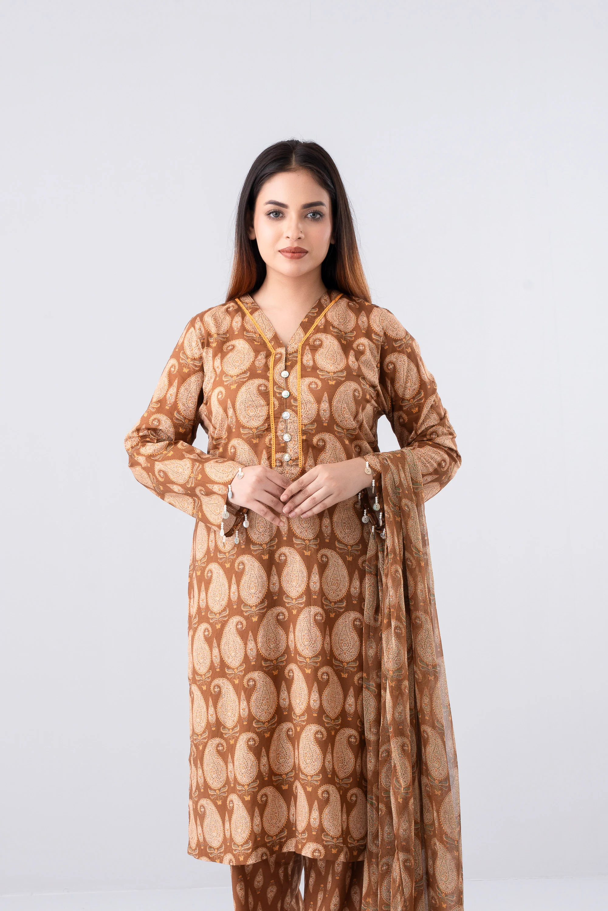 Relaxed Fit Printed Three-Piece Lawn with Chiffon Dupatta - Image 8