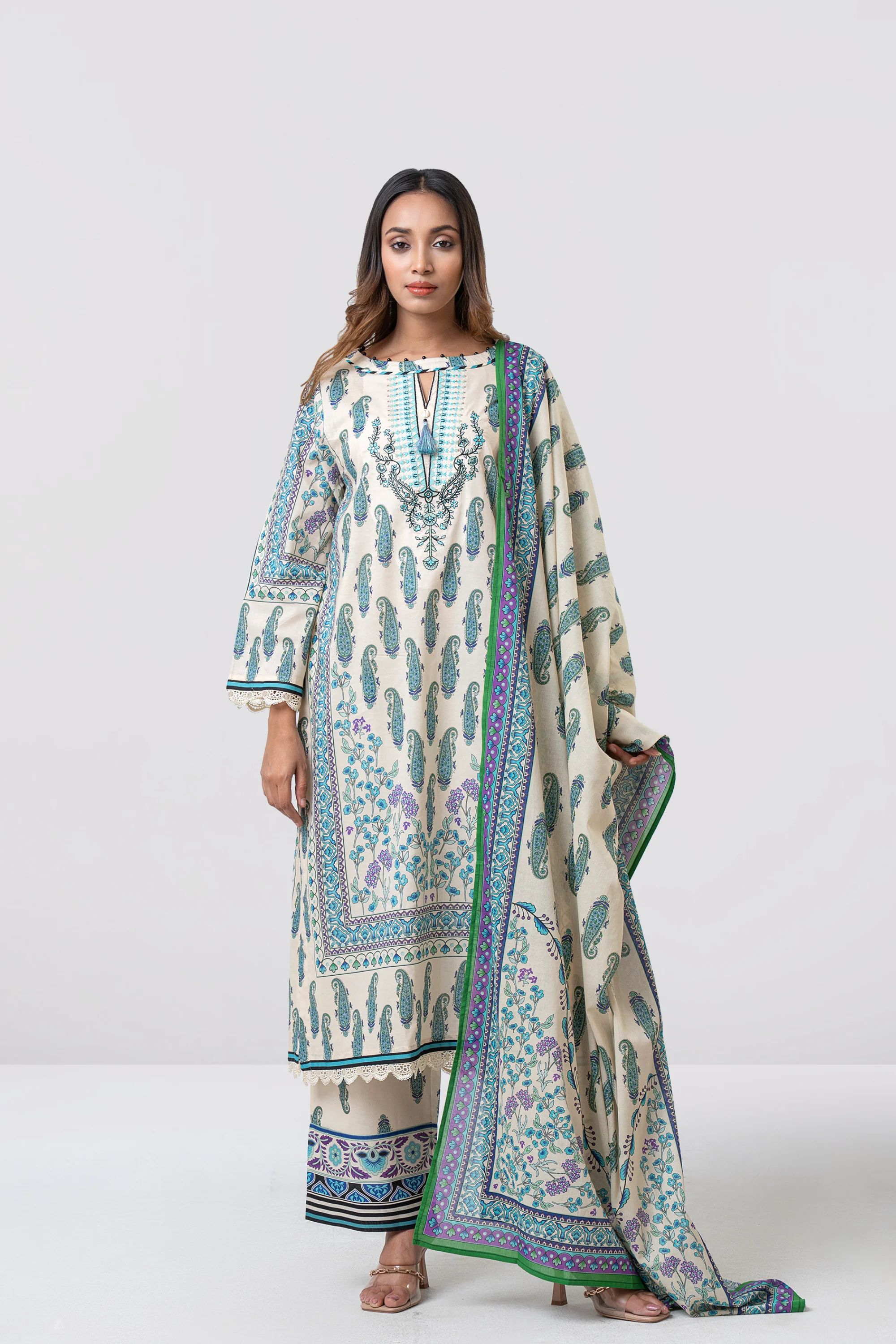 Relaxed Fit Printed Three-Piece Lawn - Image 7