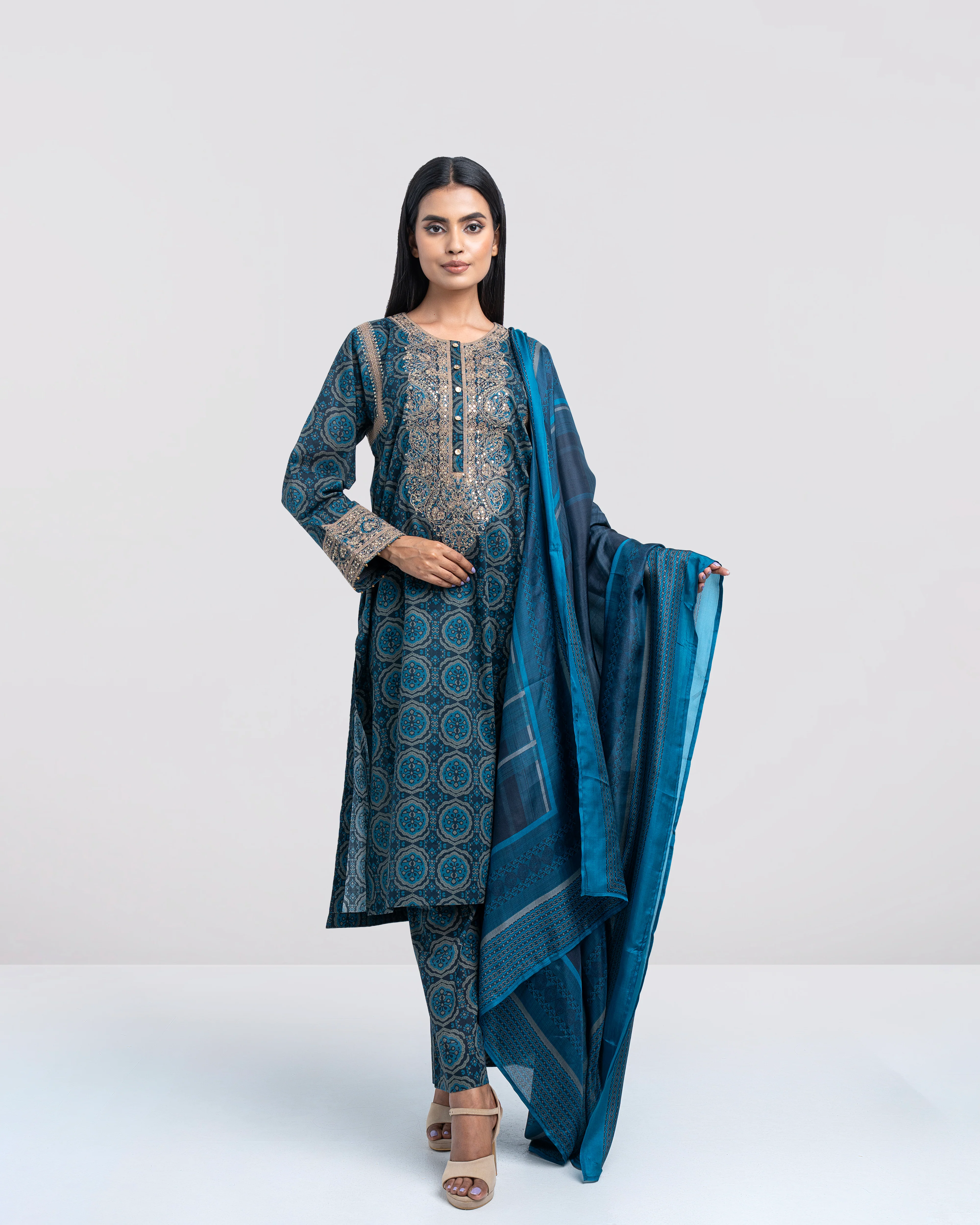 Relaxed Fit Embroidered Three-Piece Lawn with Silk Dupatta - Image 2