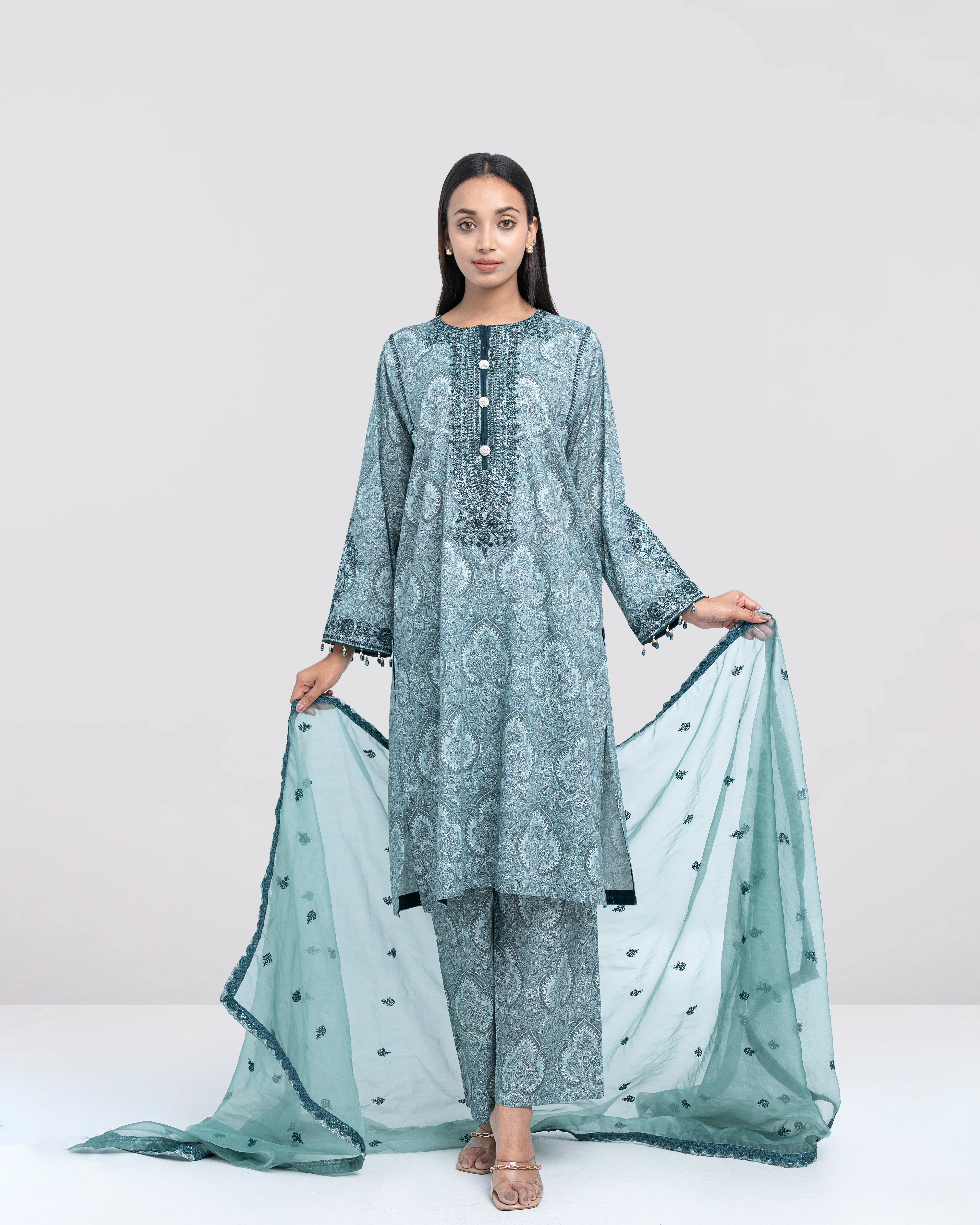 Relaxed Fit Embroidered Three-Piece Lawn with Organza Dupatta - Image 7