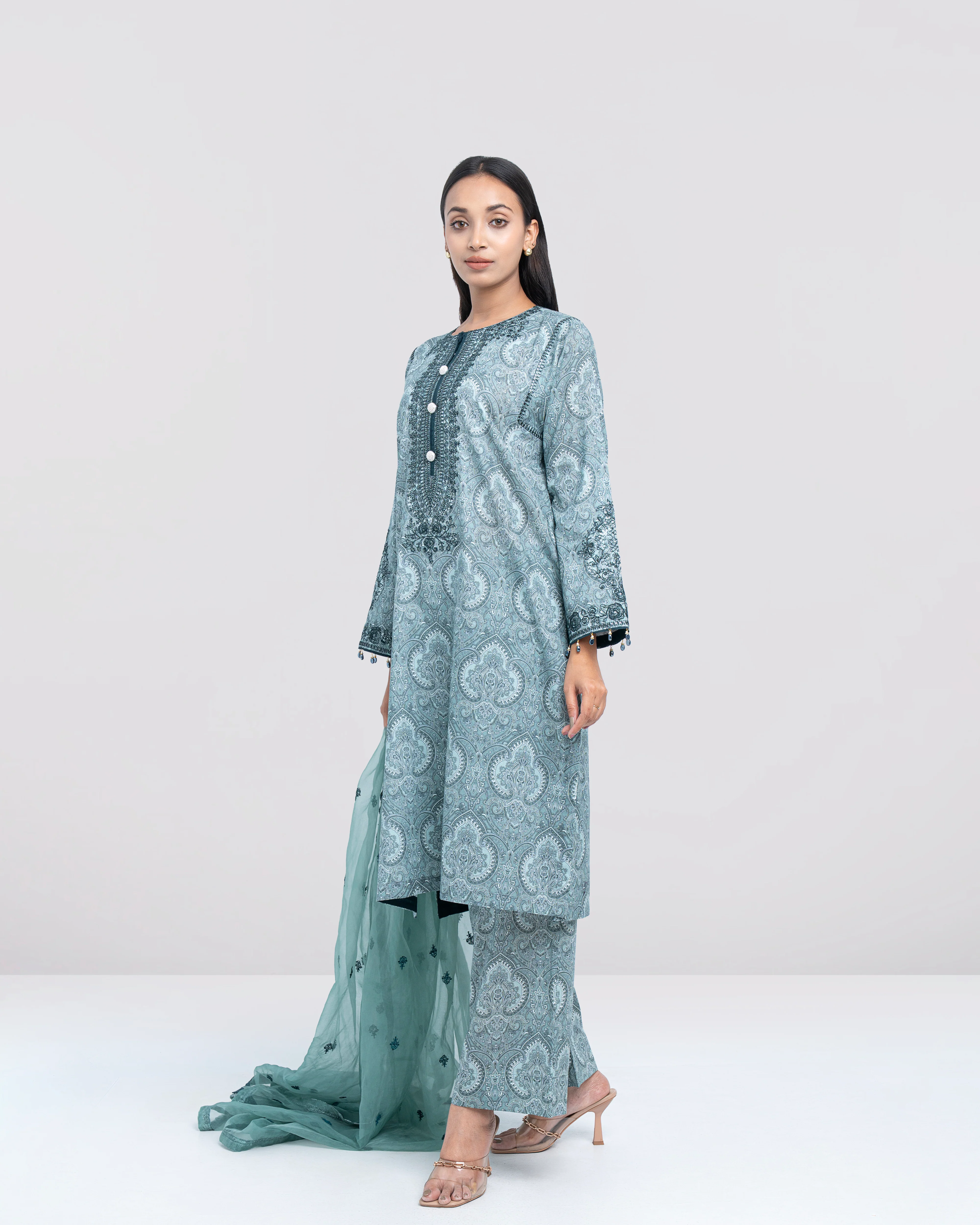 Relaxed Fit Embroidered Three-Piece Lawn with Organza Dupatta - Image 8