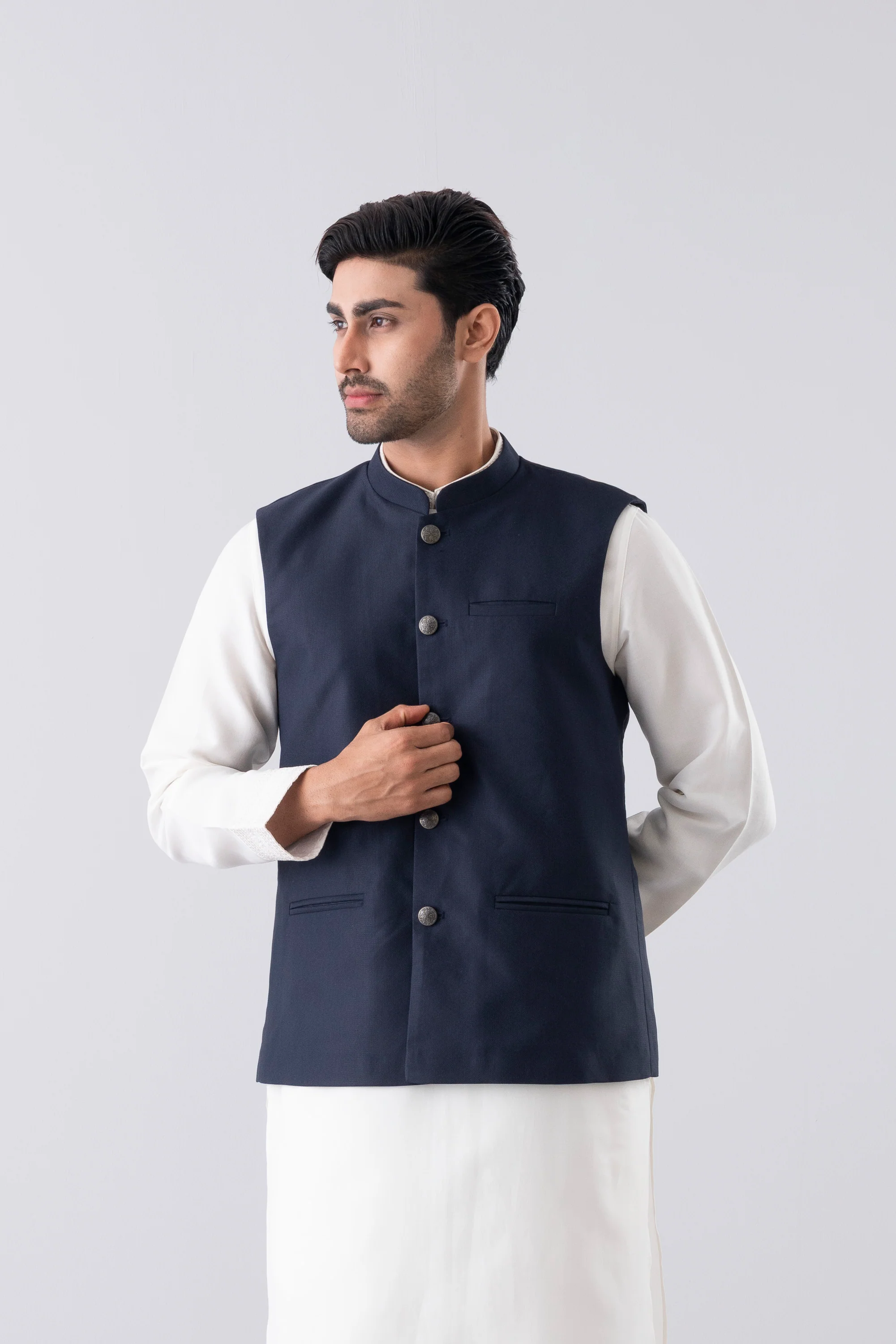 Regular Fit Blended Fabric Semi-Formal Waistcoat - Image 8