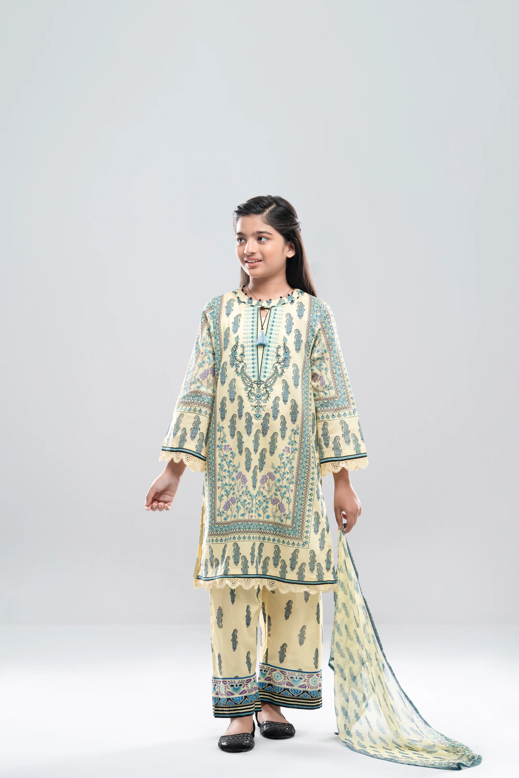Relaxed Fit Printed Three-Piece Princess Lawn with Chiffon Dupatta (6-8 Years) - Image 9