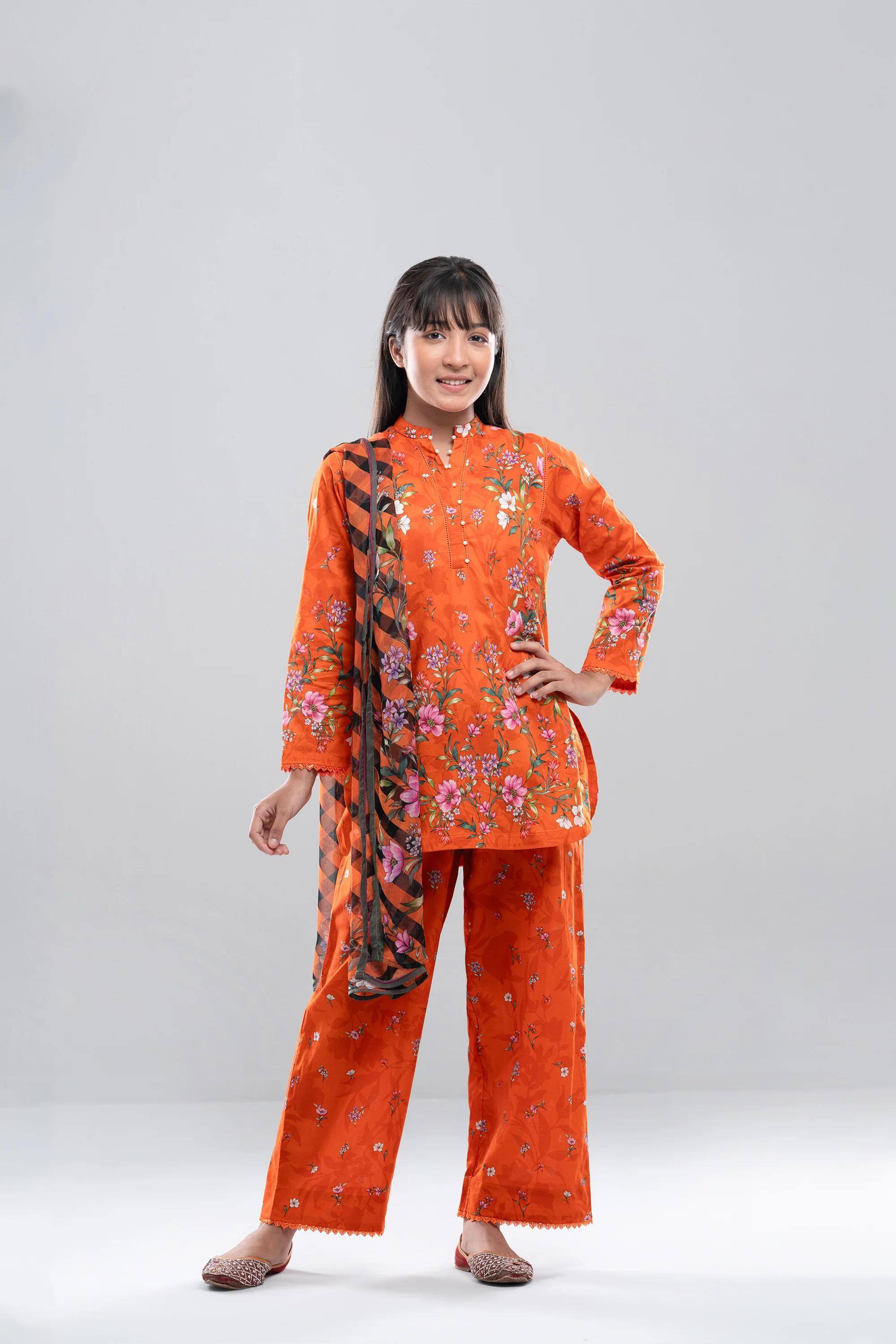 Relaxed Fit Printed Three-Piece Princess Lawn with Chiffon Dupatta (10-14 Years) - Image 8