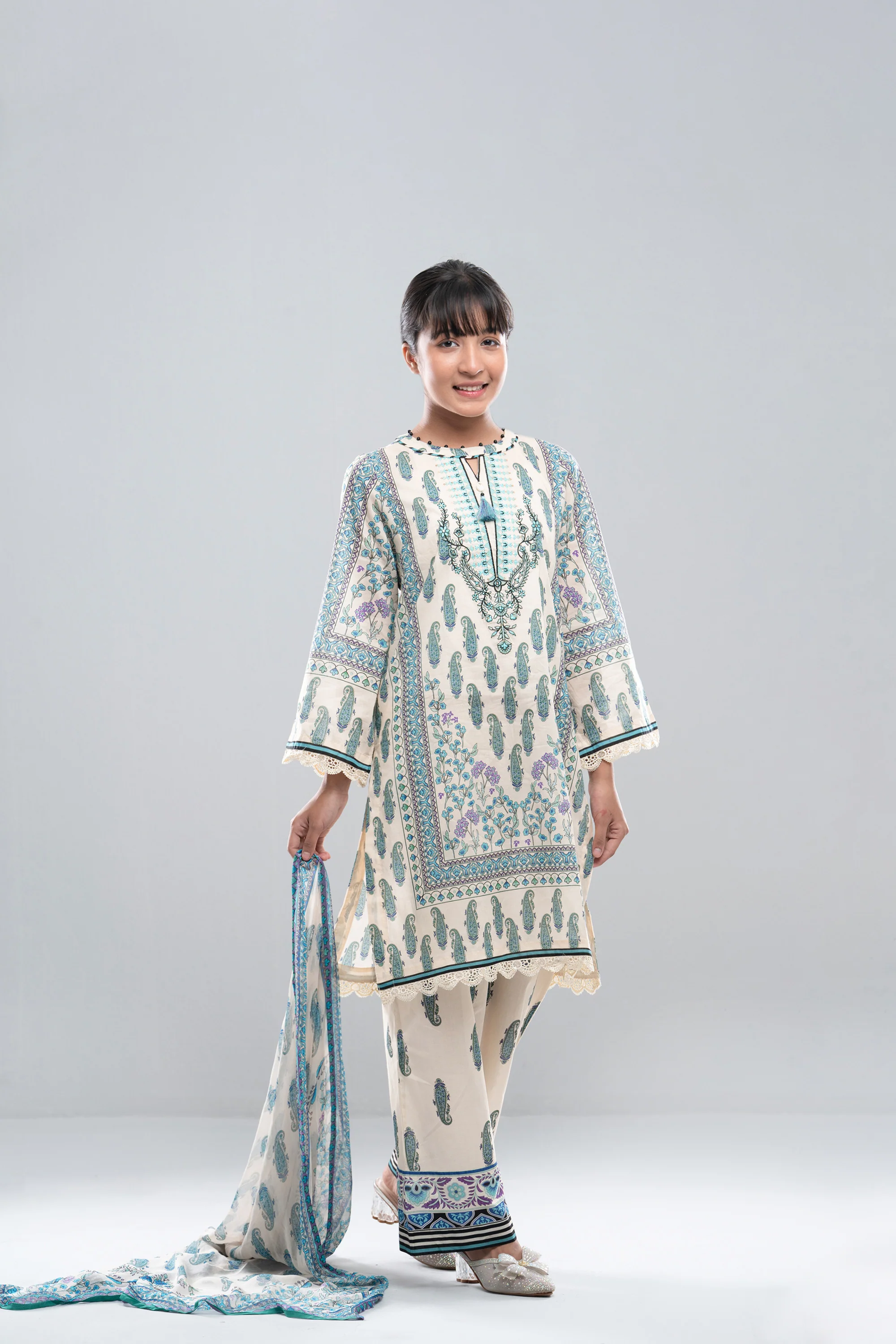 Relaxed Fit Printed Three-Piece Princess Lawn with Chiffon Dupatta