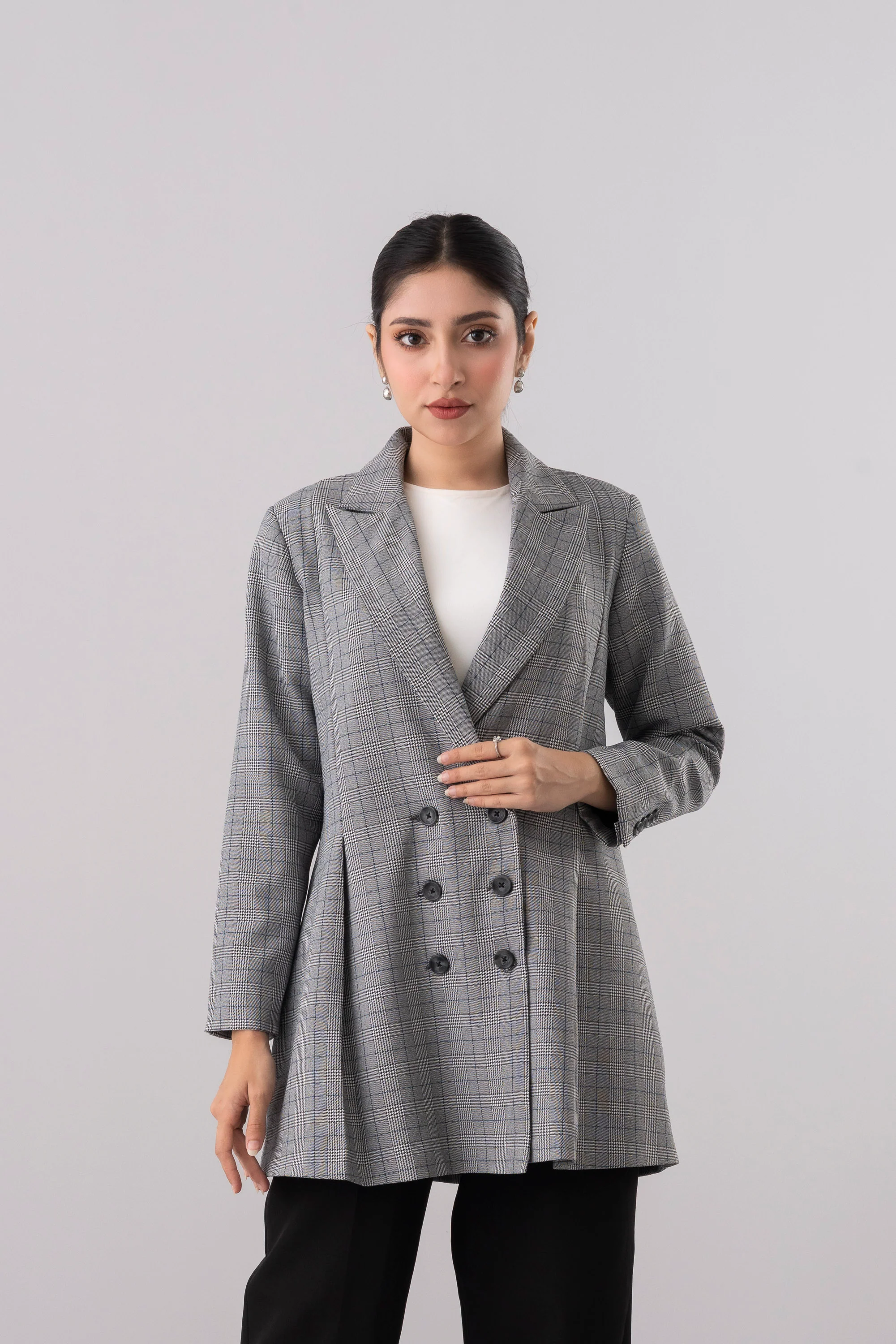 Double-Breasted Checkered Trench Coat - Image 2