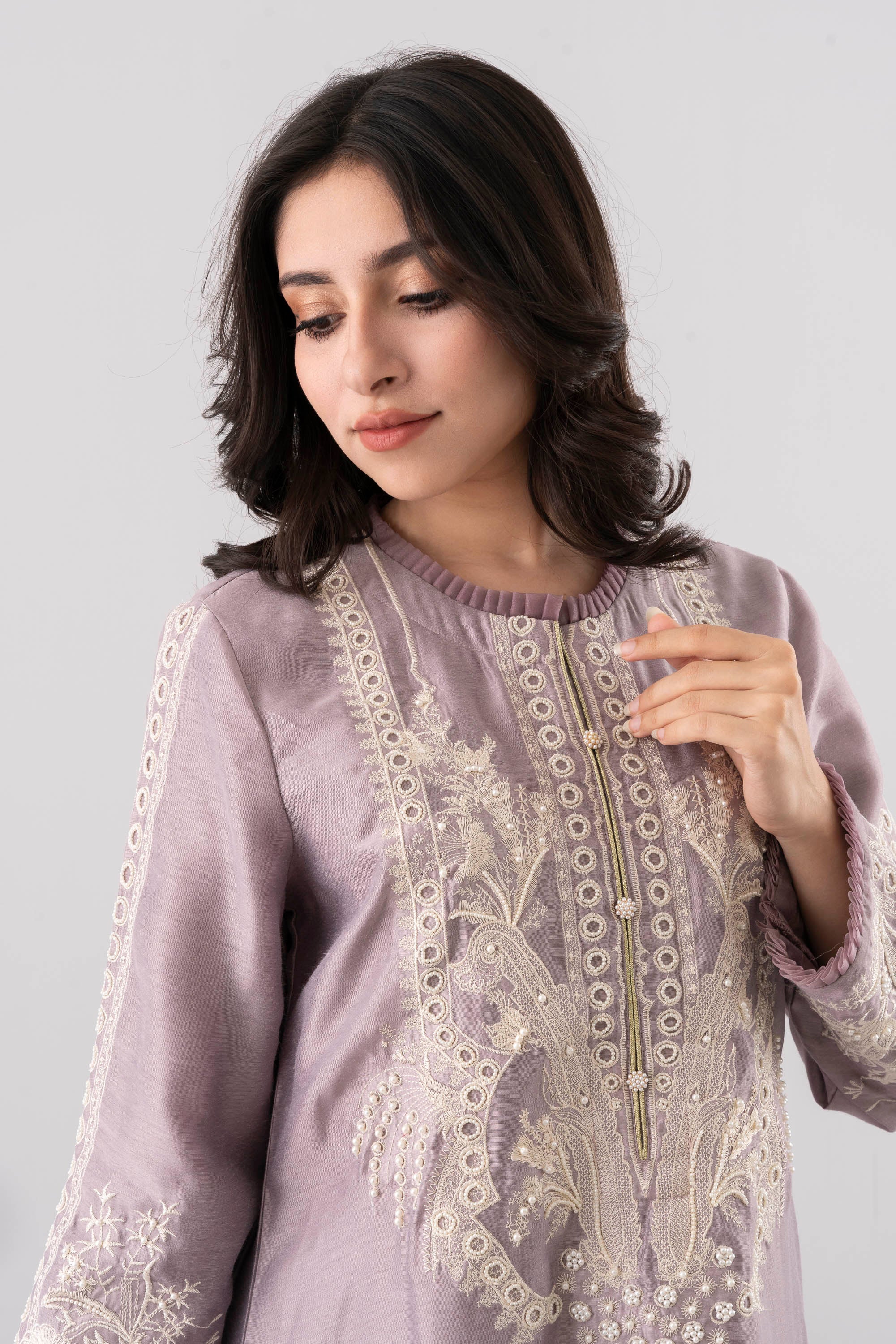 Smart Fit Embroidered Two-Piece Silk Ethnic Set with Organza Dupatta - Image 11