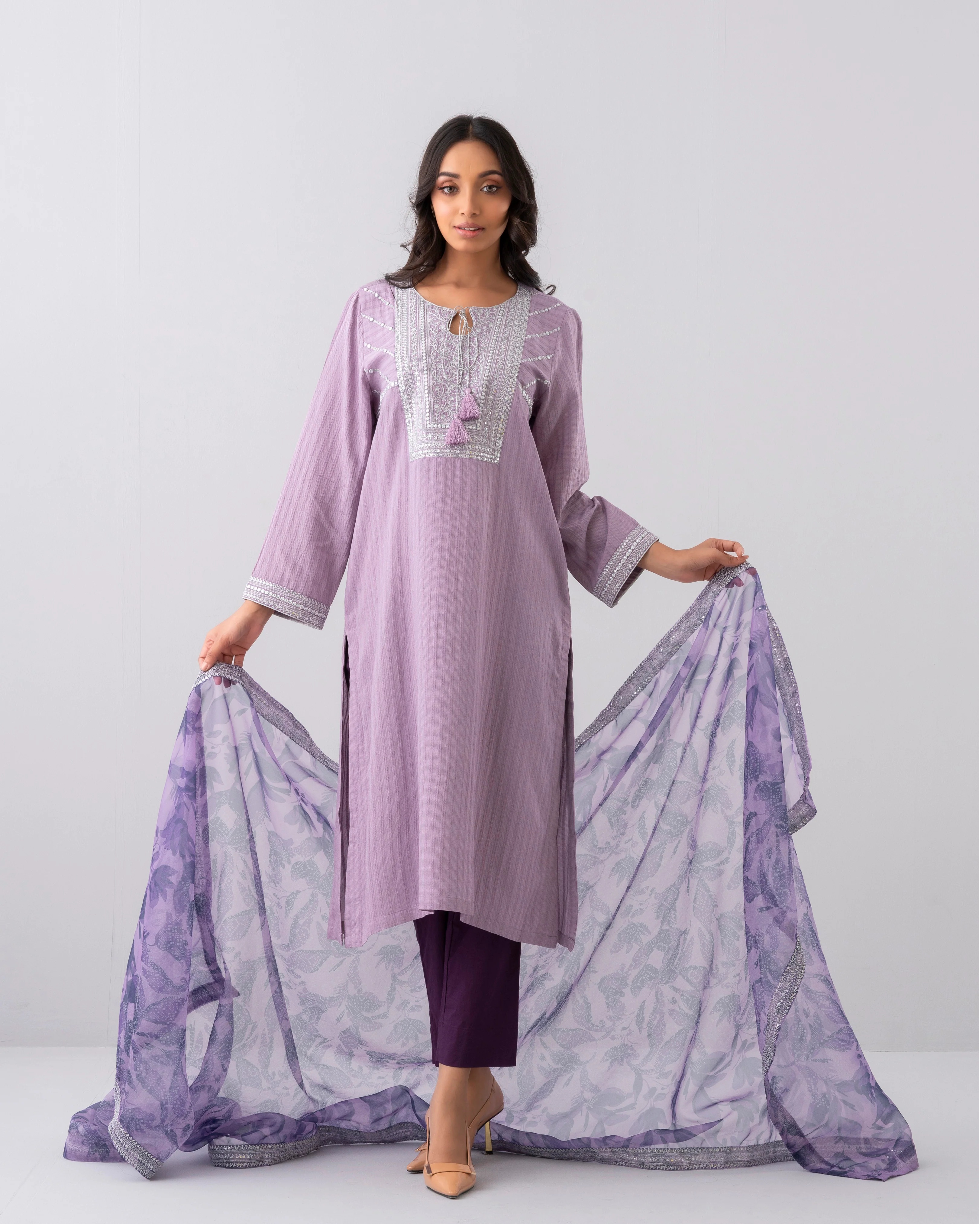 Smart Fit Embellished Two-Piece Formal Ethnic Set with Organza Dupatta - Image 12