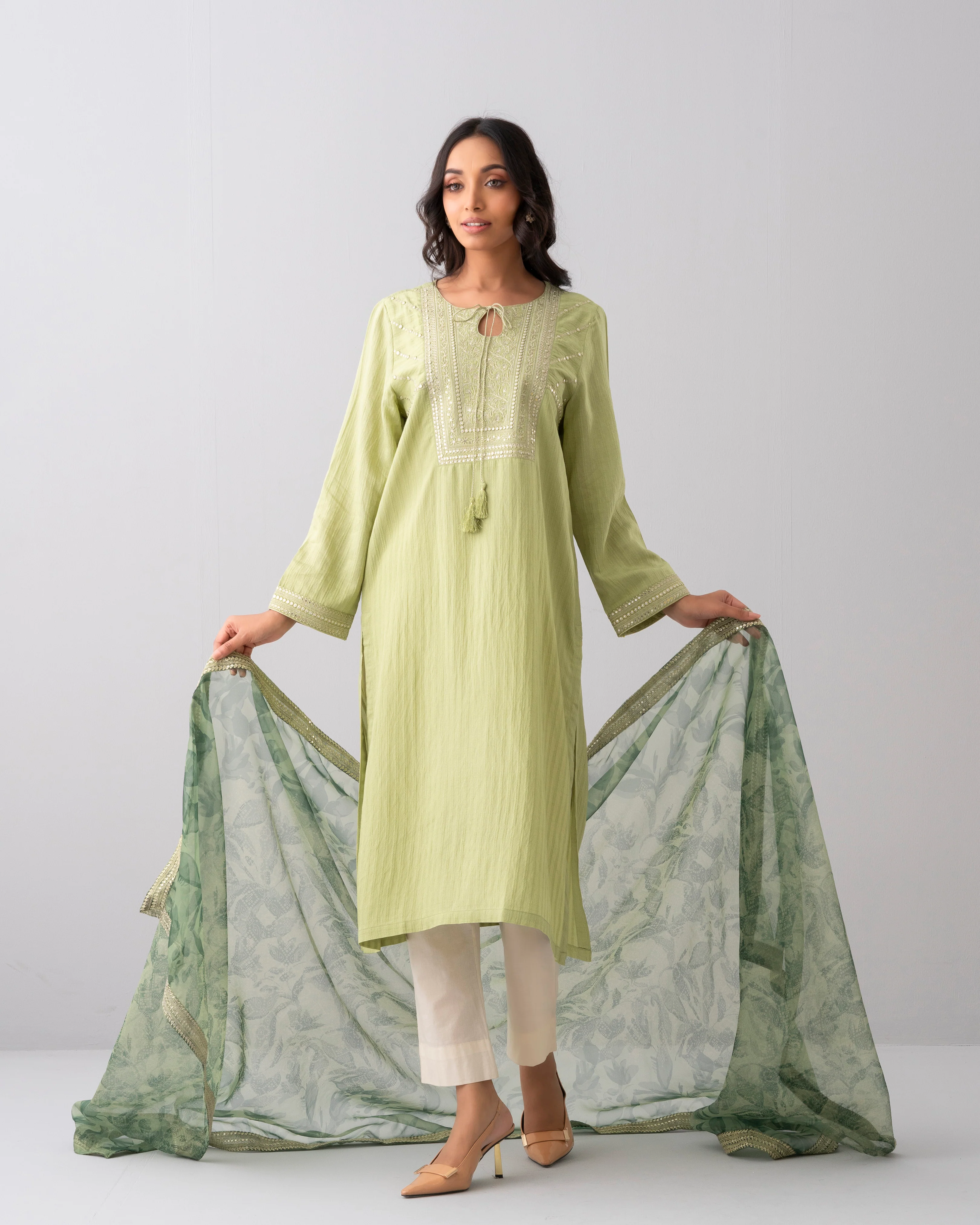 Smart Fit Embellished Two-Piece Formal Ethnic Set with Organza Dupatta - Image 18
