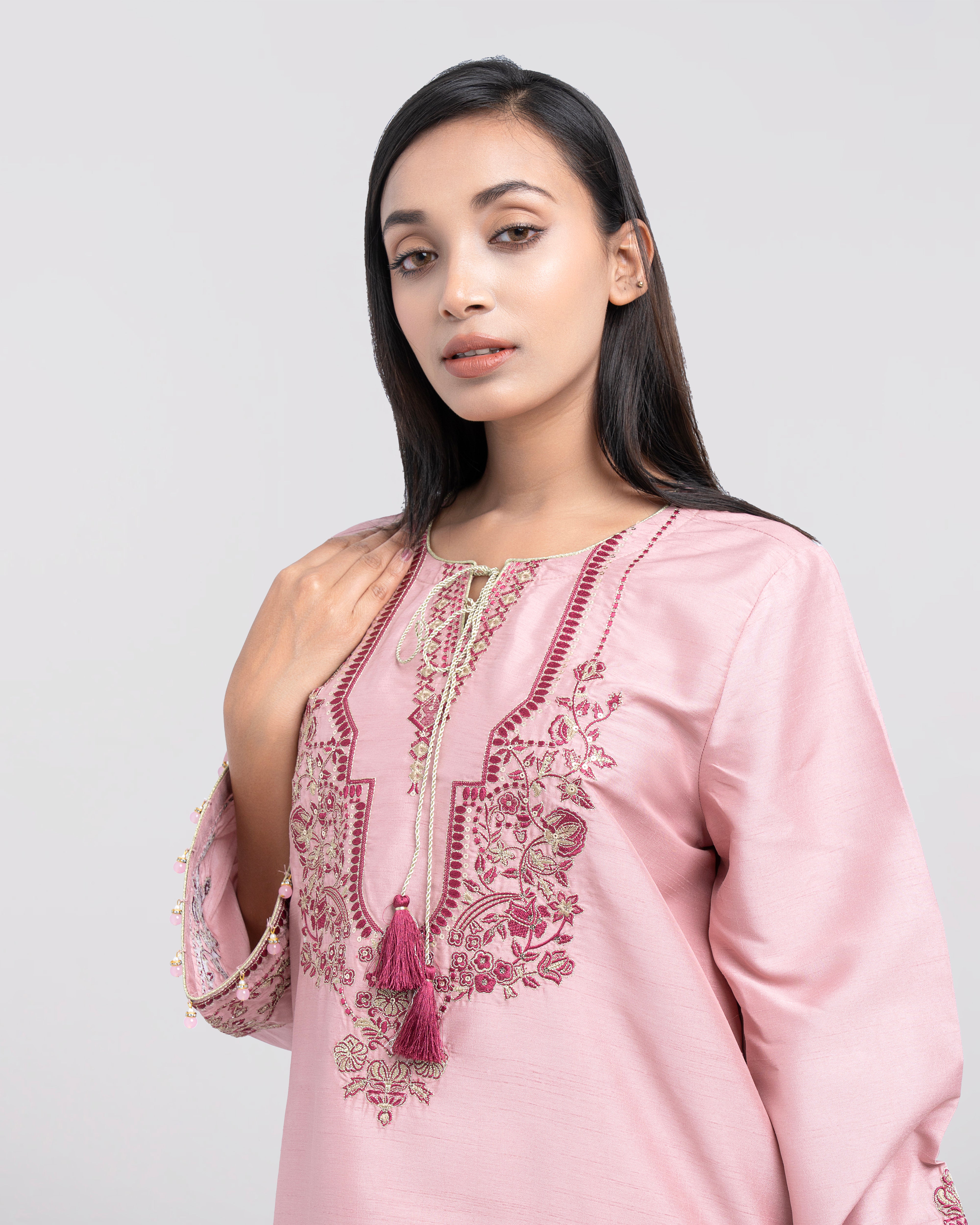 Smart Fit Embellished Two-Piece Formal Ethnic Set with Organza Dupatta - Image 10