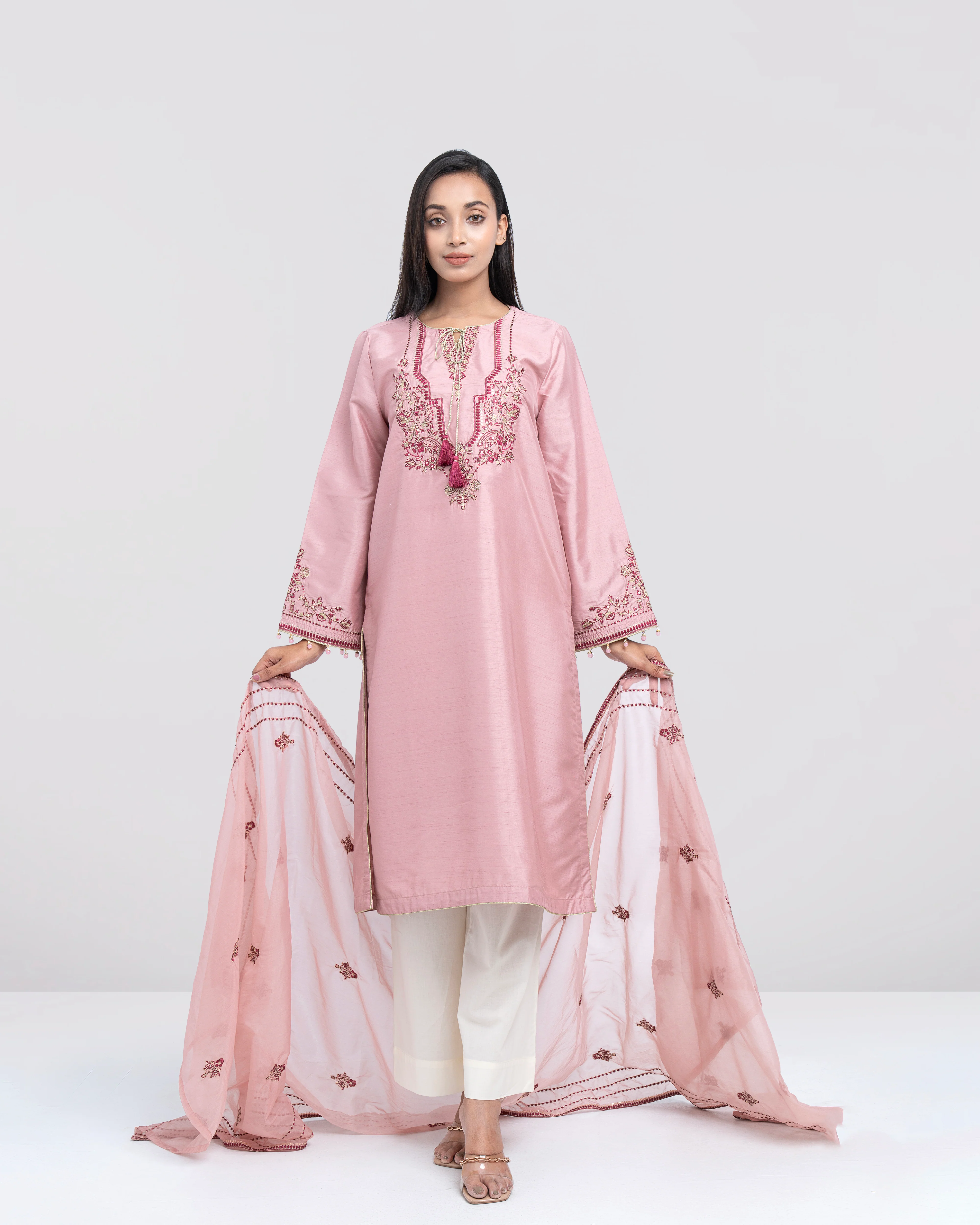 Smart Fit Embellished Two-Piece Formal Ethnic Set with Organza Dupatta - Image 6