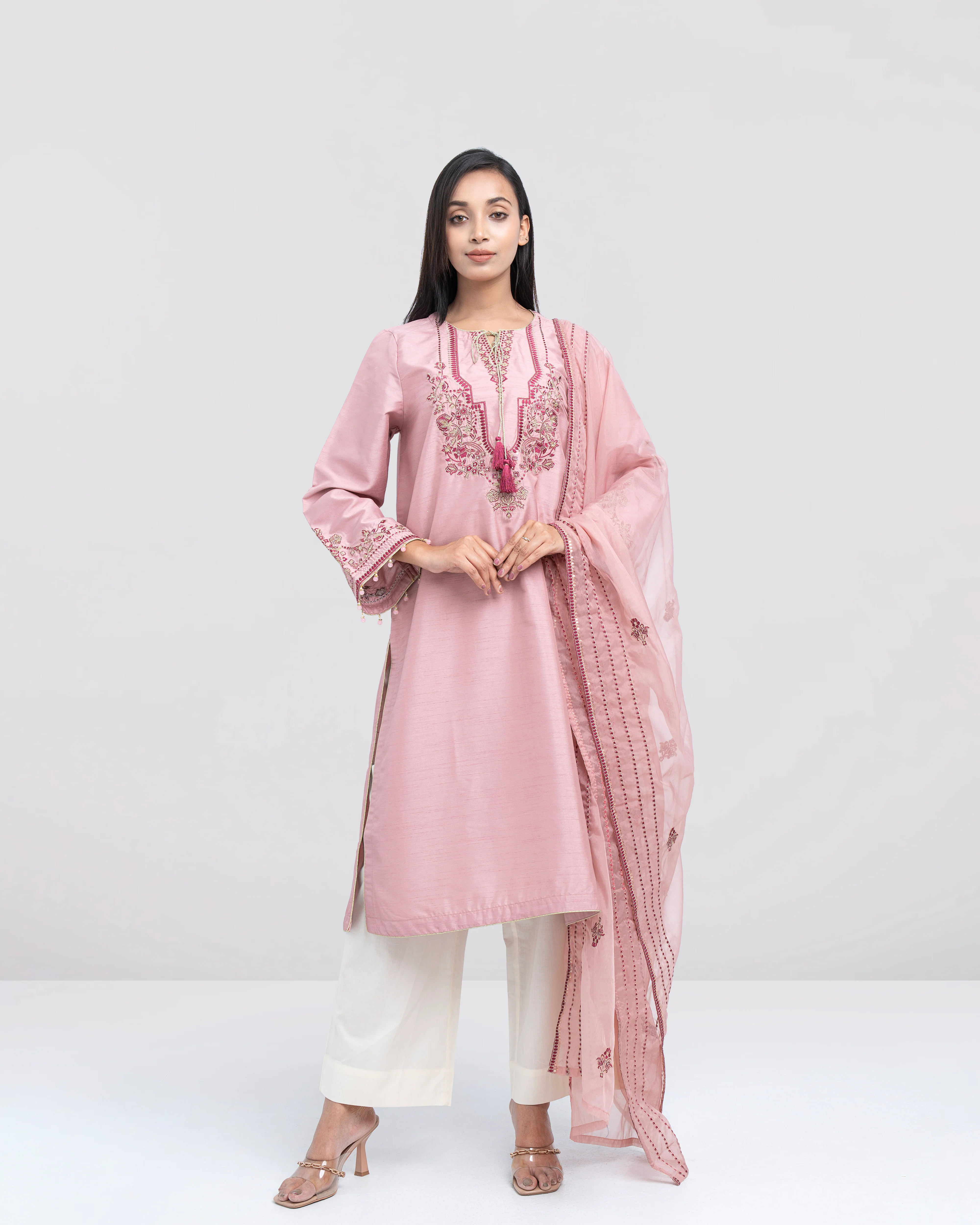 Smart Fit Embellished Two-Piece Formal Ethnic Set with Organza Dupatta - Image 7