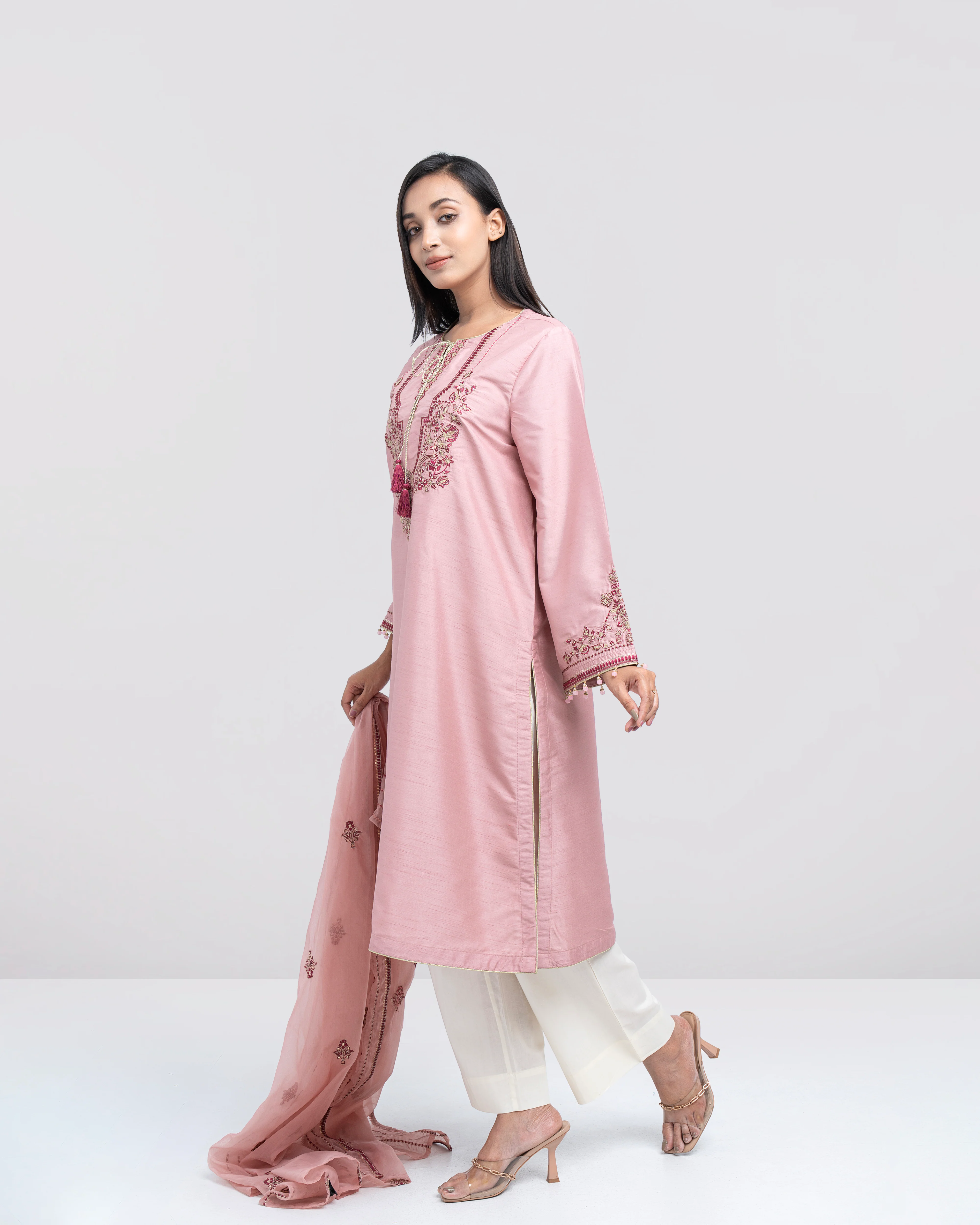 Smart Fit Embellished Two-Piece Formal Ethnic Set with Organza Dupatta - Image 8