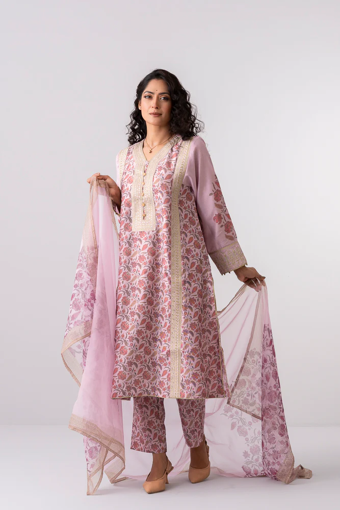 Relaxed Fit Floral Printed Three-Piece Ethnic Set with Organza Dupatta - Image 7