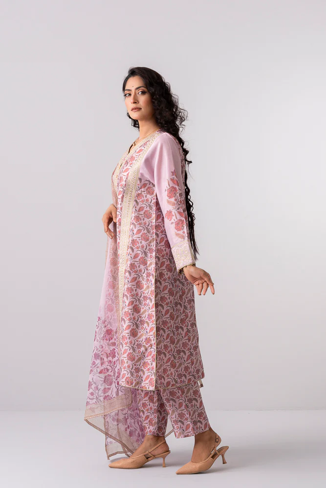 Relaxed Fit Floral Printed Three-Piece Ethnic Set with Organza Dupatta - Image 8