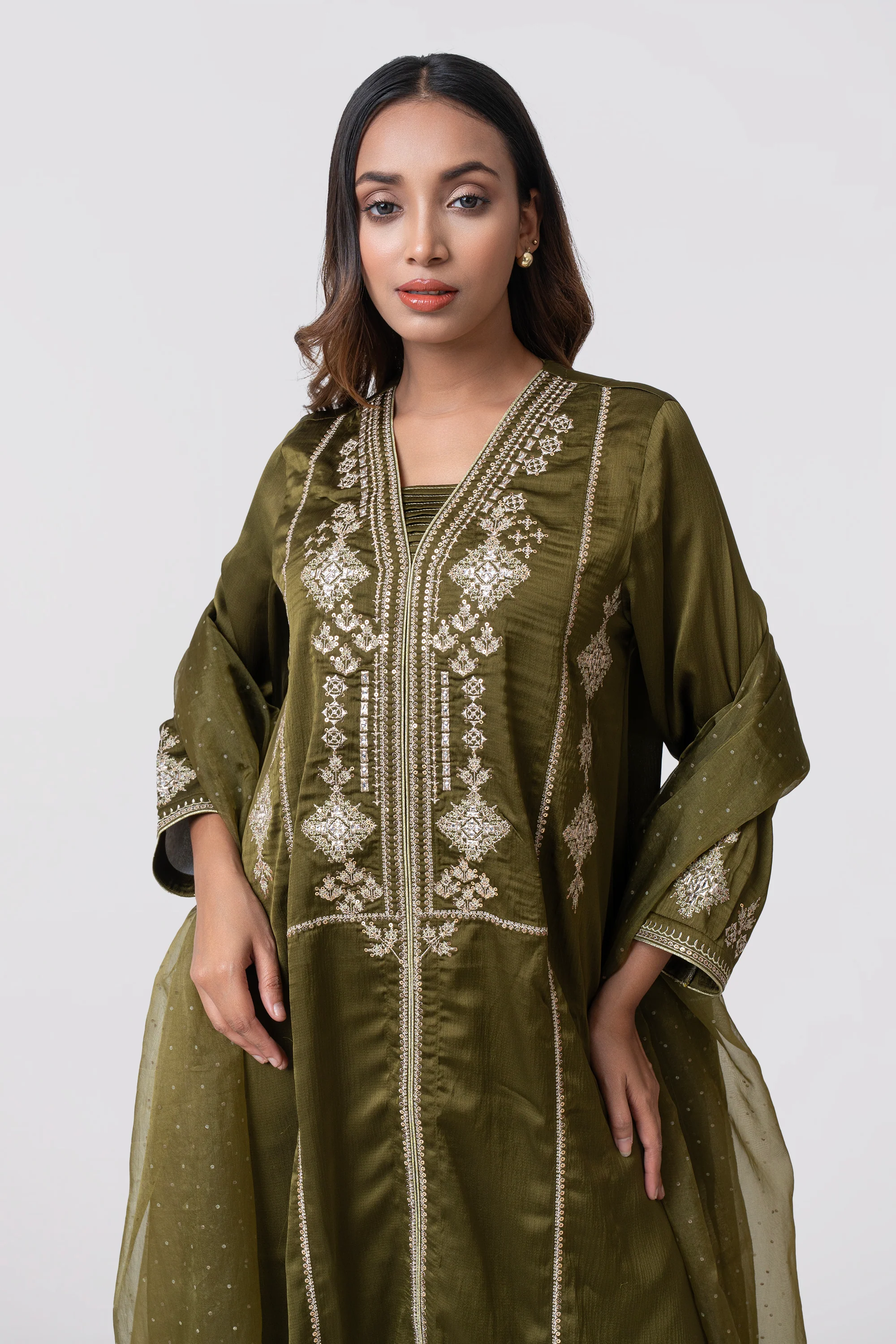 Smart Fit Embroidered Three-Piece Formal Ethnic Set with Organza Dupatta - Image 11