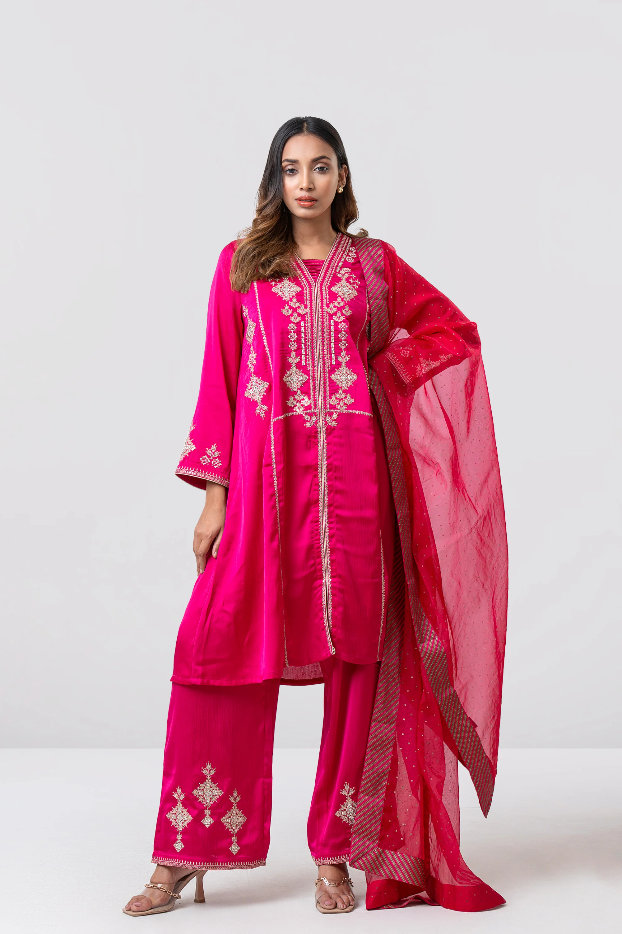 Smart Fit Embroidered Three-Piece Formal Ethnic Set with Organza Dupatta - Image 2