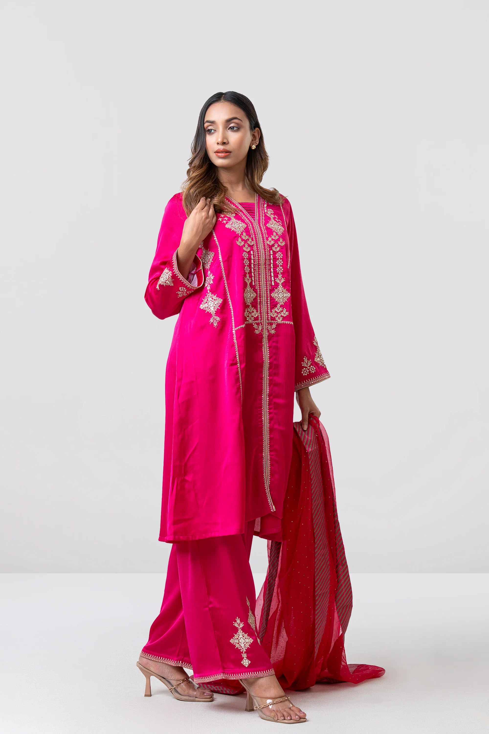Smart Fit Embroidered Three-Piece Formal Ethnic Set with Organza Dupatta - Image 3