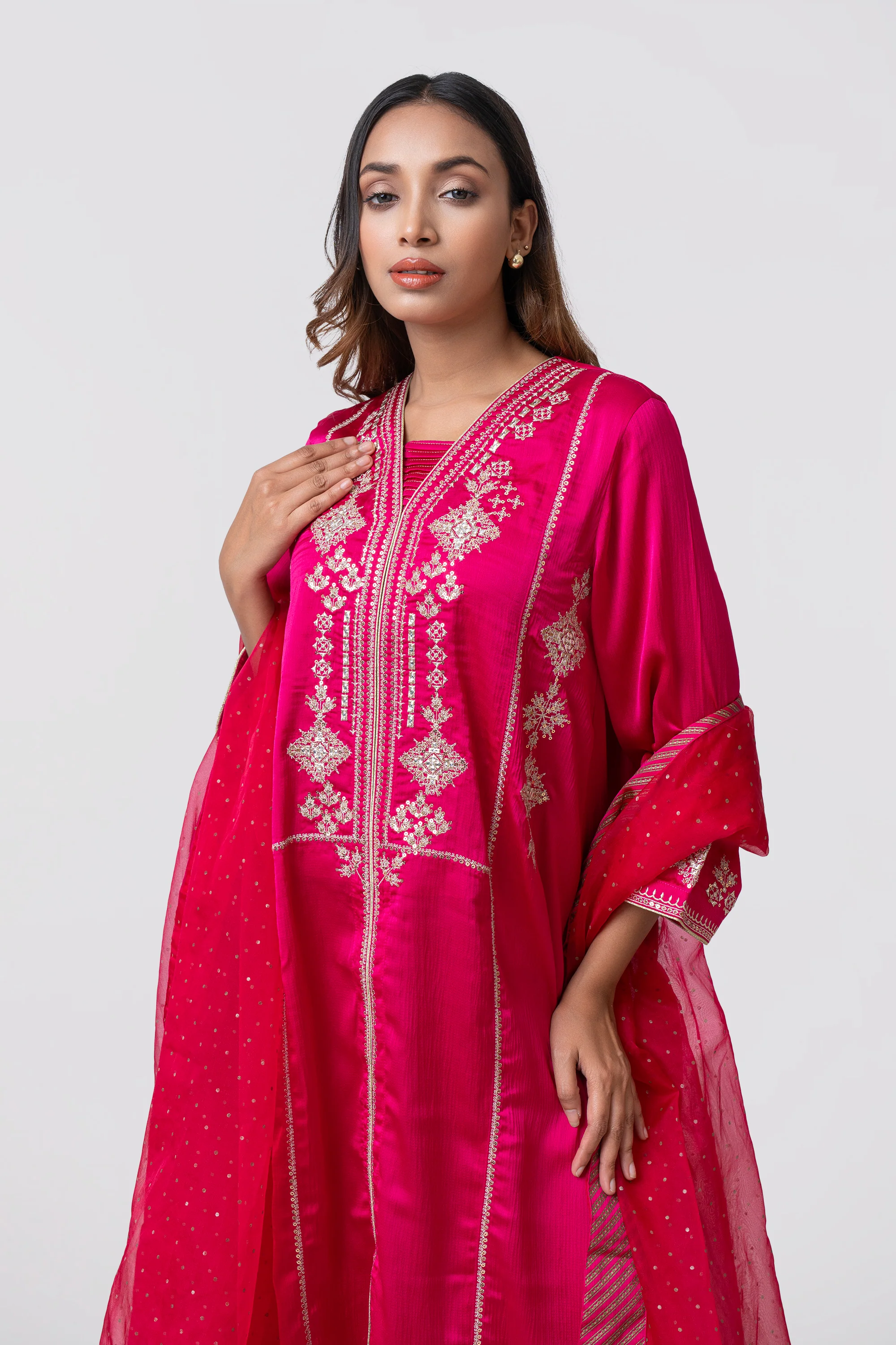 Smart Fit Embroidered Three-Piece Formal Ethnic Set with Organza Dupatta - Image 5