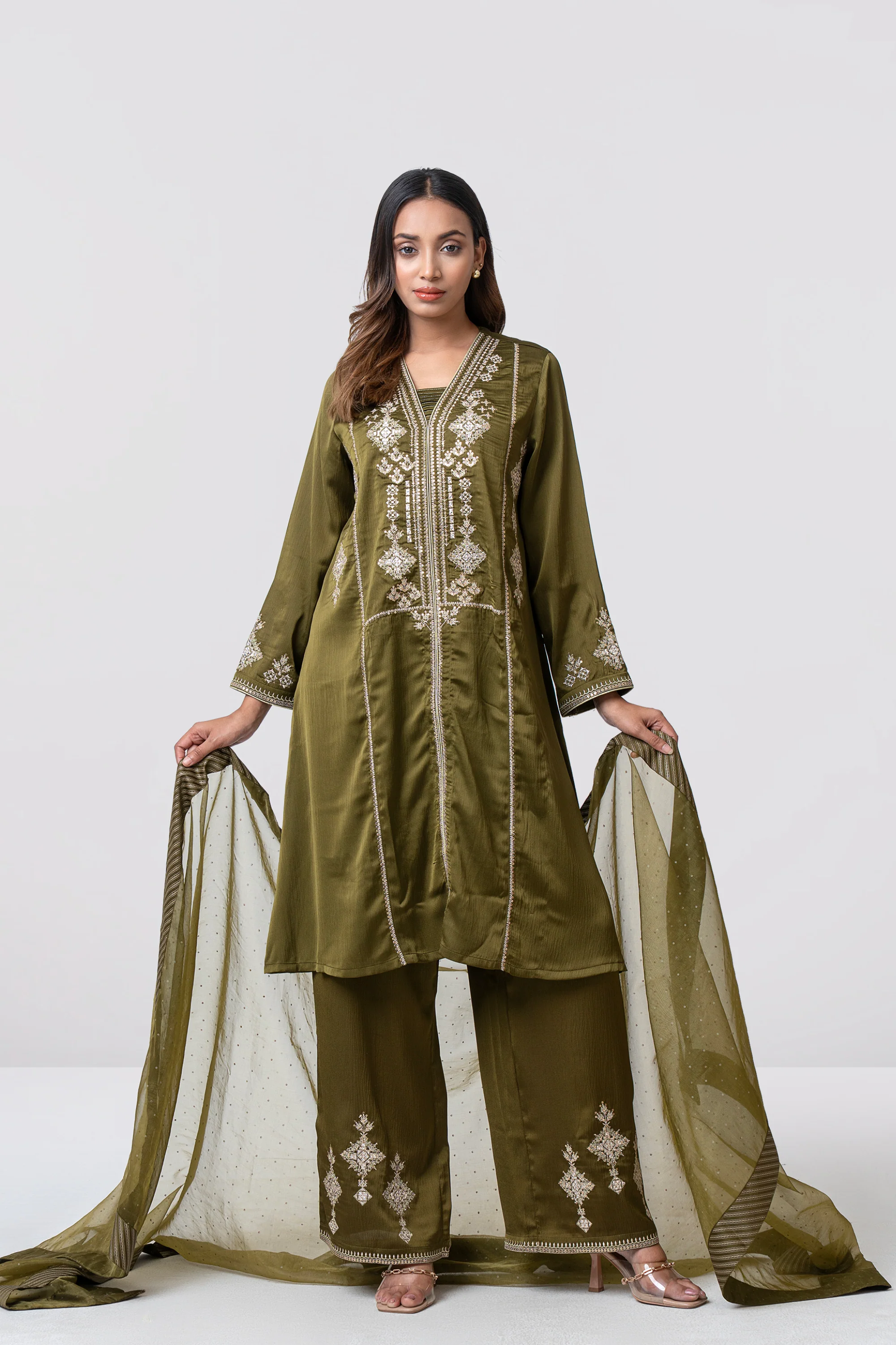 Smart Fit Embroidered Three-Piece Formal Ethnic Set with Organza Dupatta - Image 7