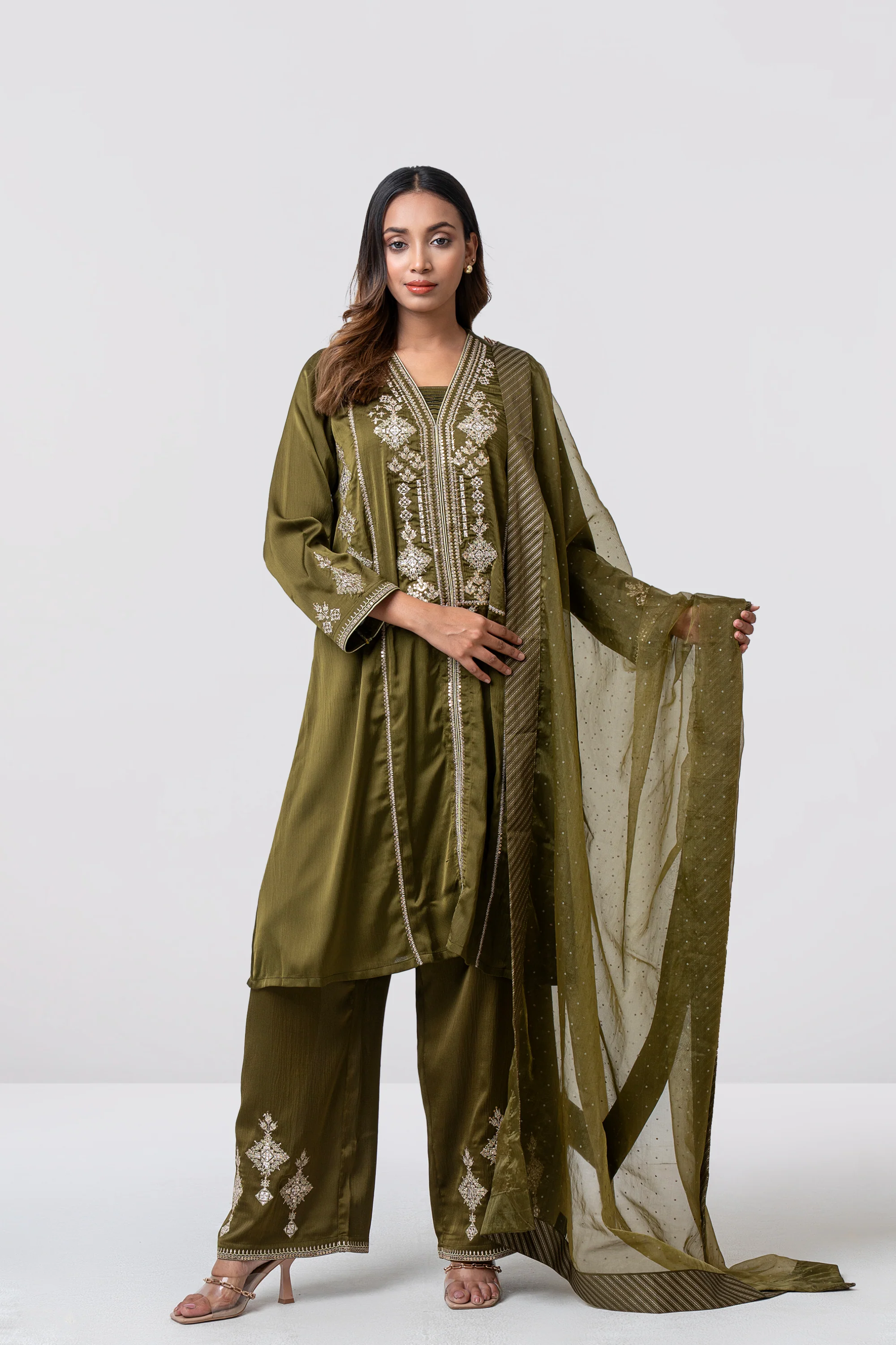 Smart Fit Embroidered Three-Piece Formal Ethnic Set with Organza Dupatta - Image 8