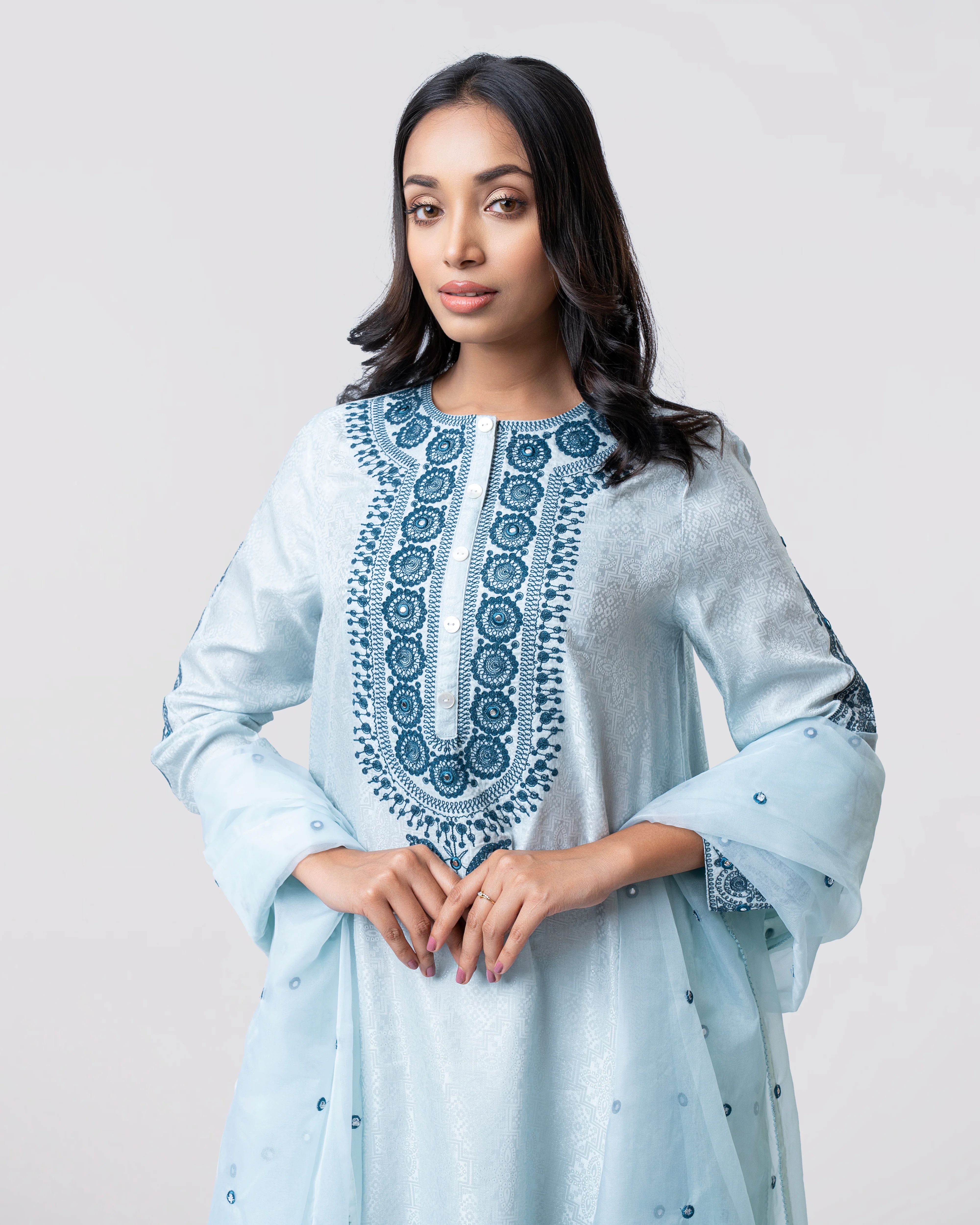 Smart Fit Embroidered Three-Piece Semi-Formal Ethnic Set - Image 7