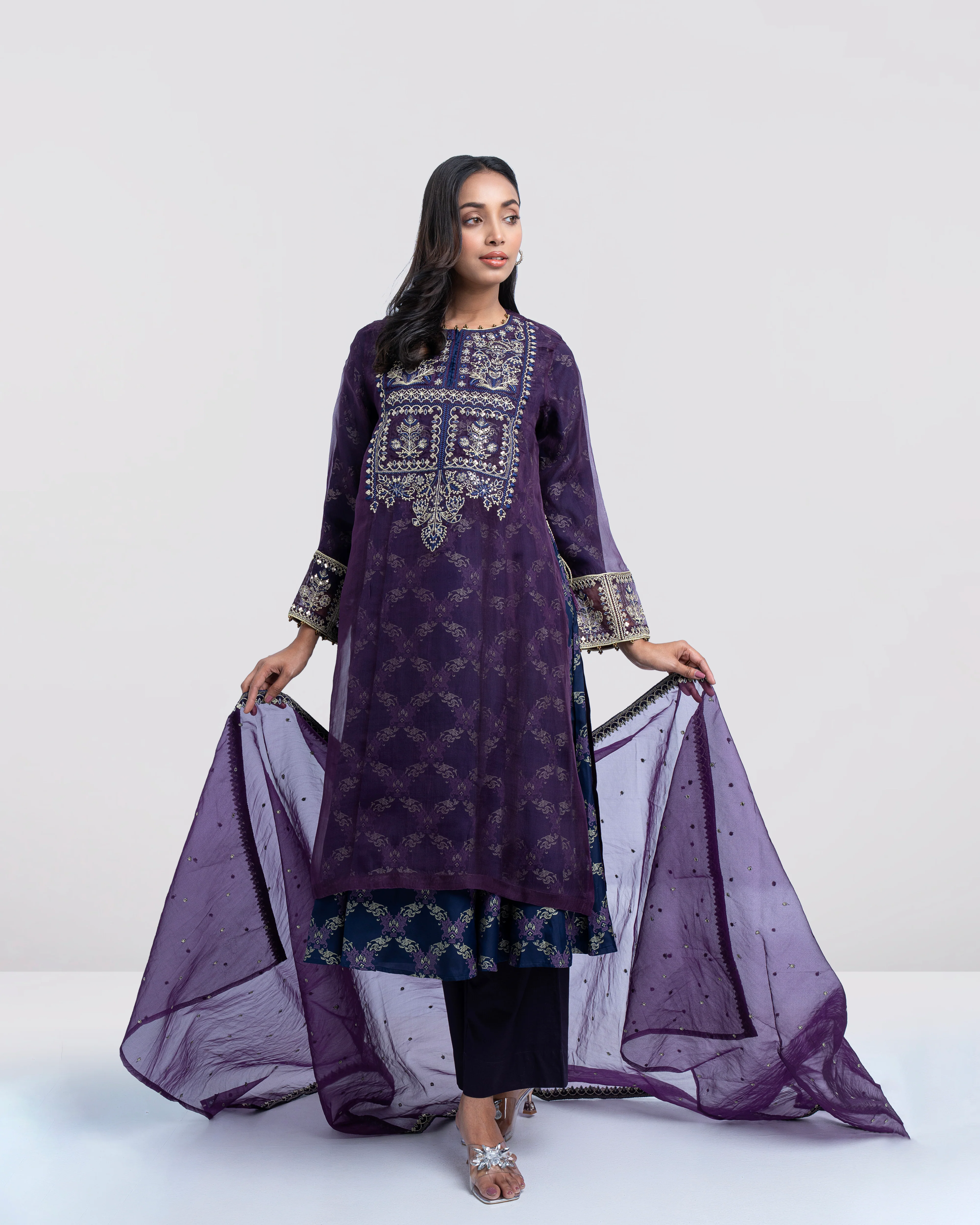 Smart Fit Embroidered Muslin Three-Piece Formal Ethnic Set with Organza Dupatta