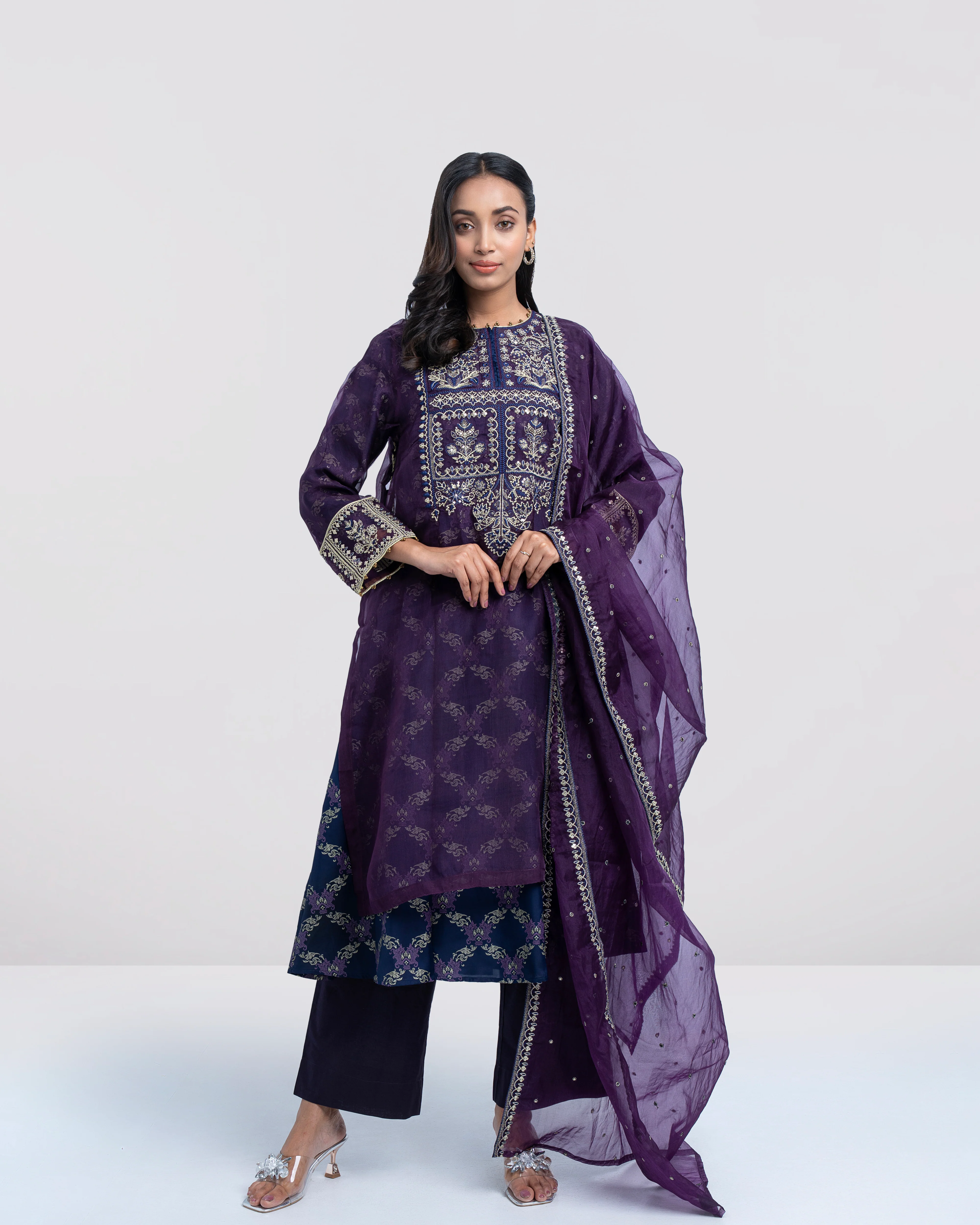 Smart Fit Embroidered Muslin Three-Piece Formal Ethnic Set with Organza Dupatta - Image 2