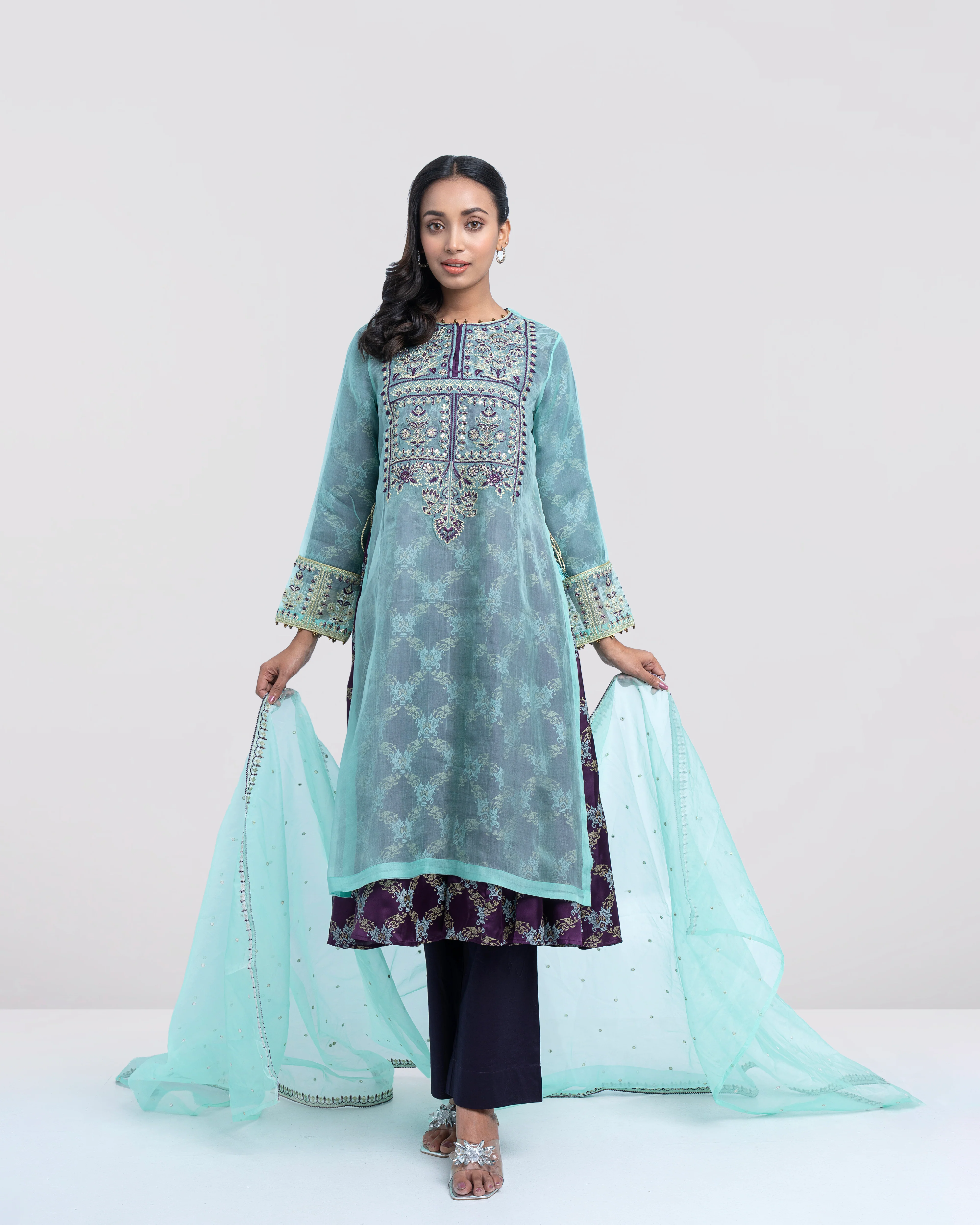 Smart Fit Embroidered Muslin Three-Piece Formal Ethnic Set with Organza Dupatta - Image 7