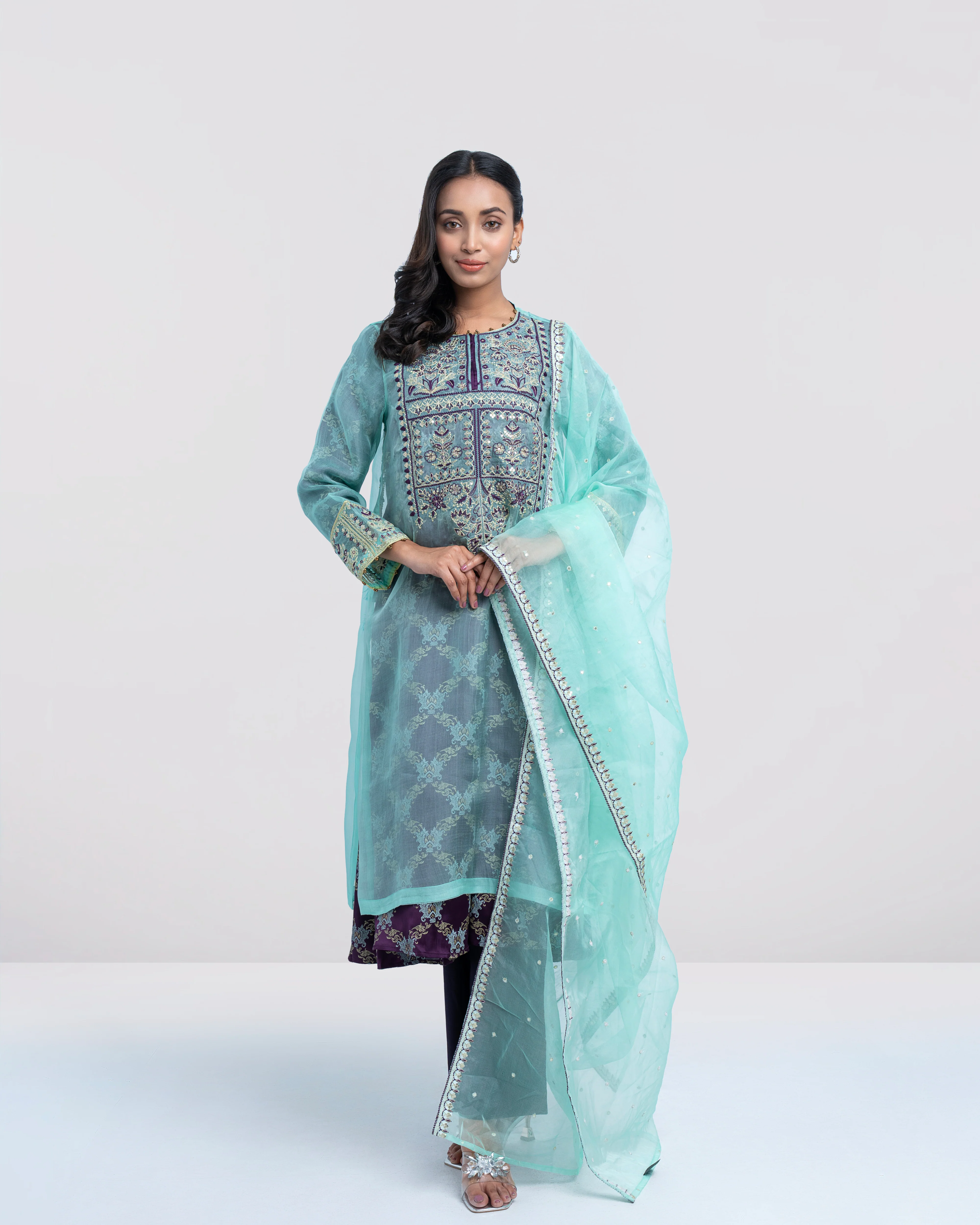 Smart Fit Embroidered Muslin Three-Piece Formal Ethnic Set with Organza Dupatta - Image 8