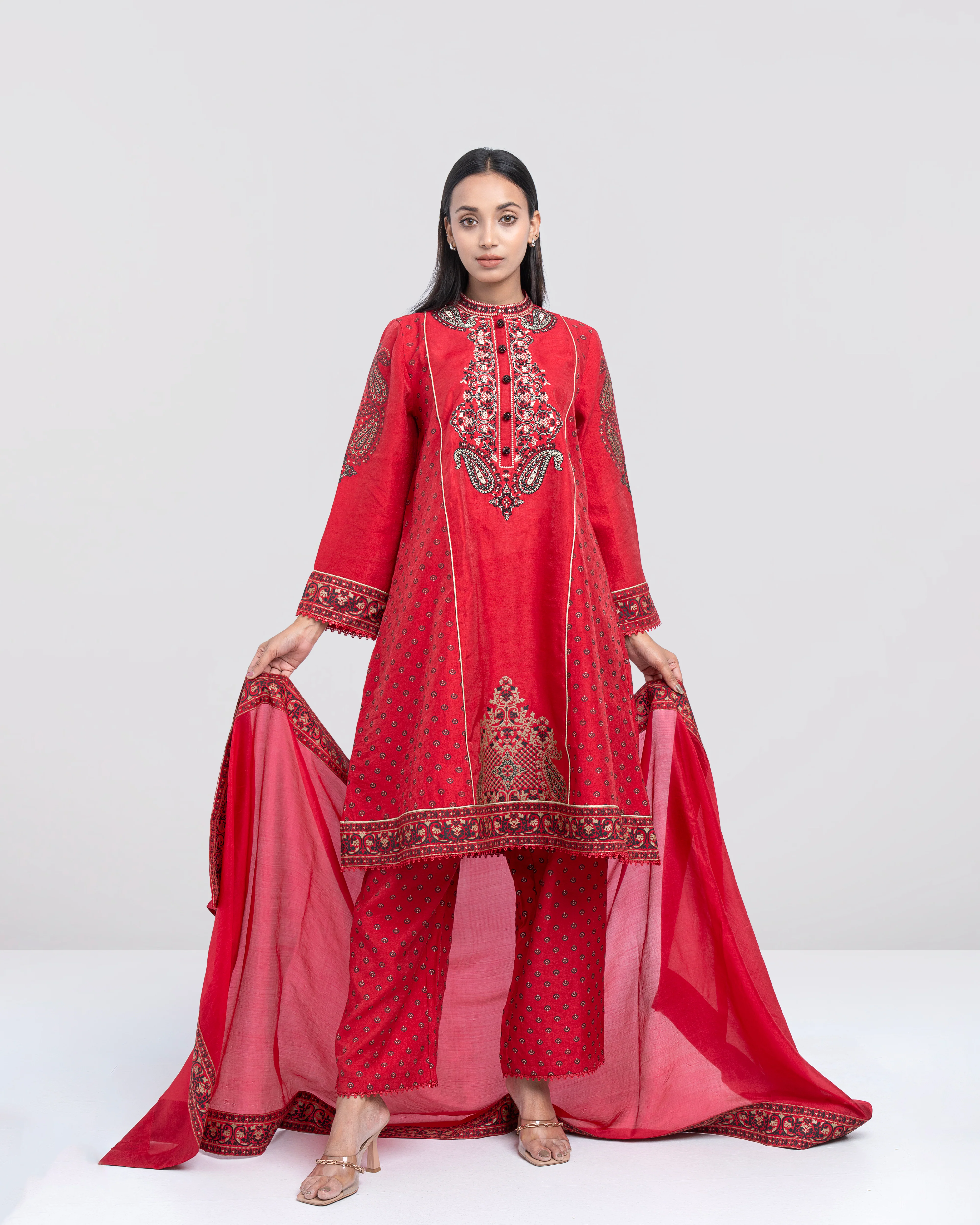 Smart Fit Embroidered Three-Piece Semi-Formal Ethnic Set with Silk Dupatta