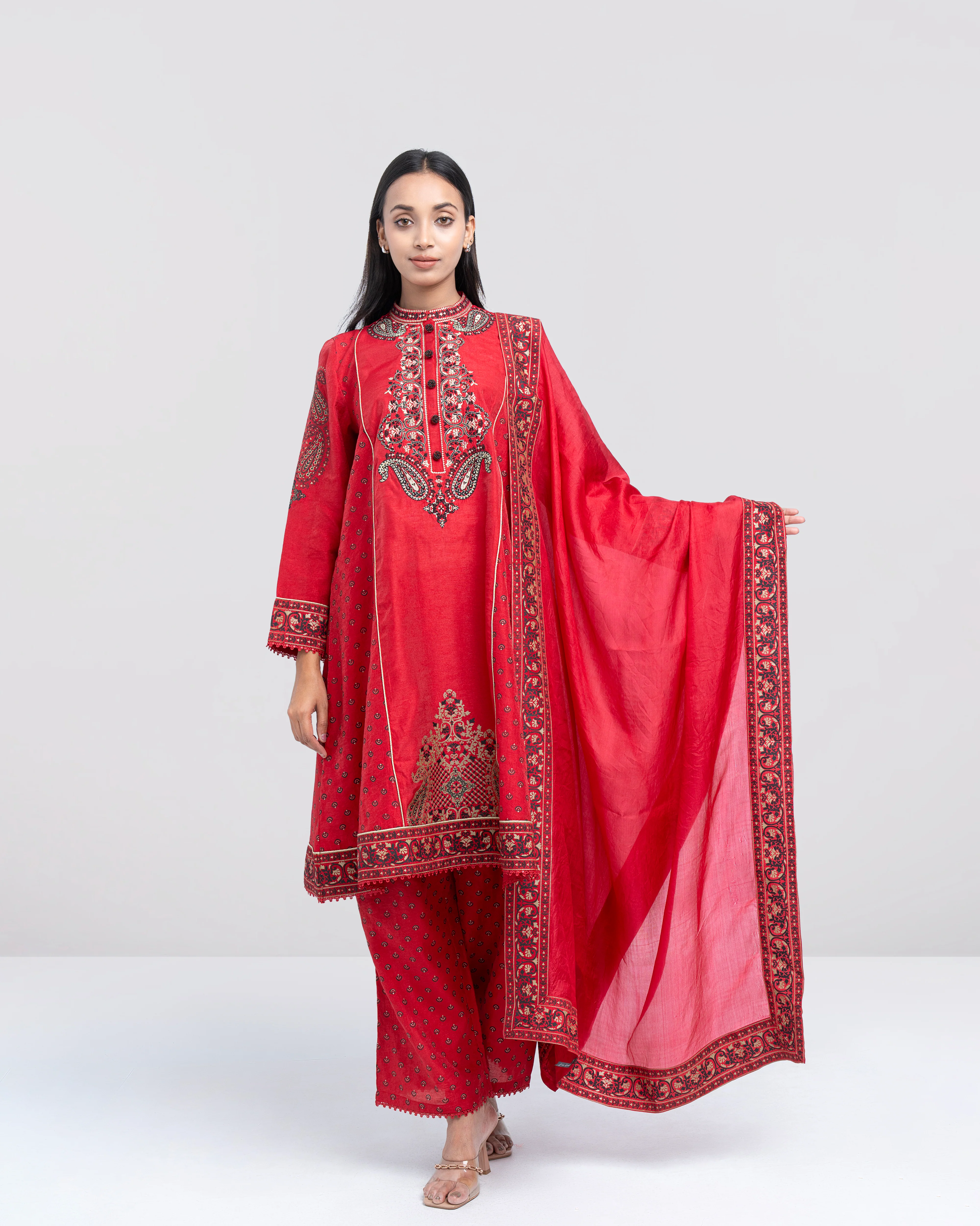 Smart Fit Embroidered Three-Piece Semi-Formal Ethnic Set with Silk Dupatta - Image 2