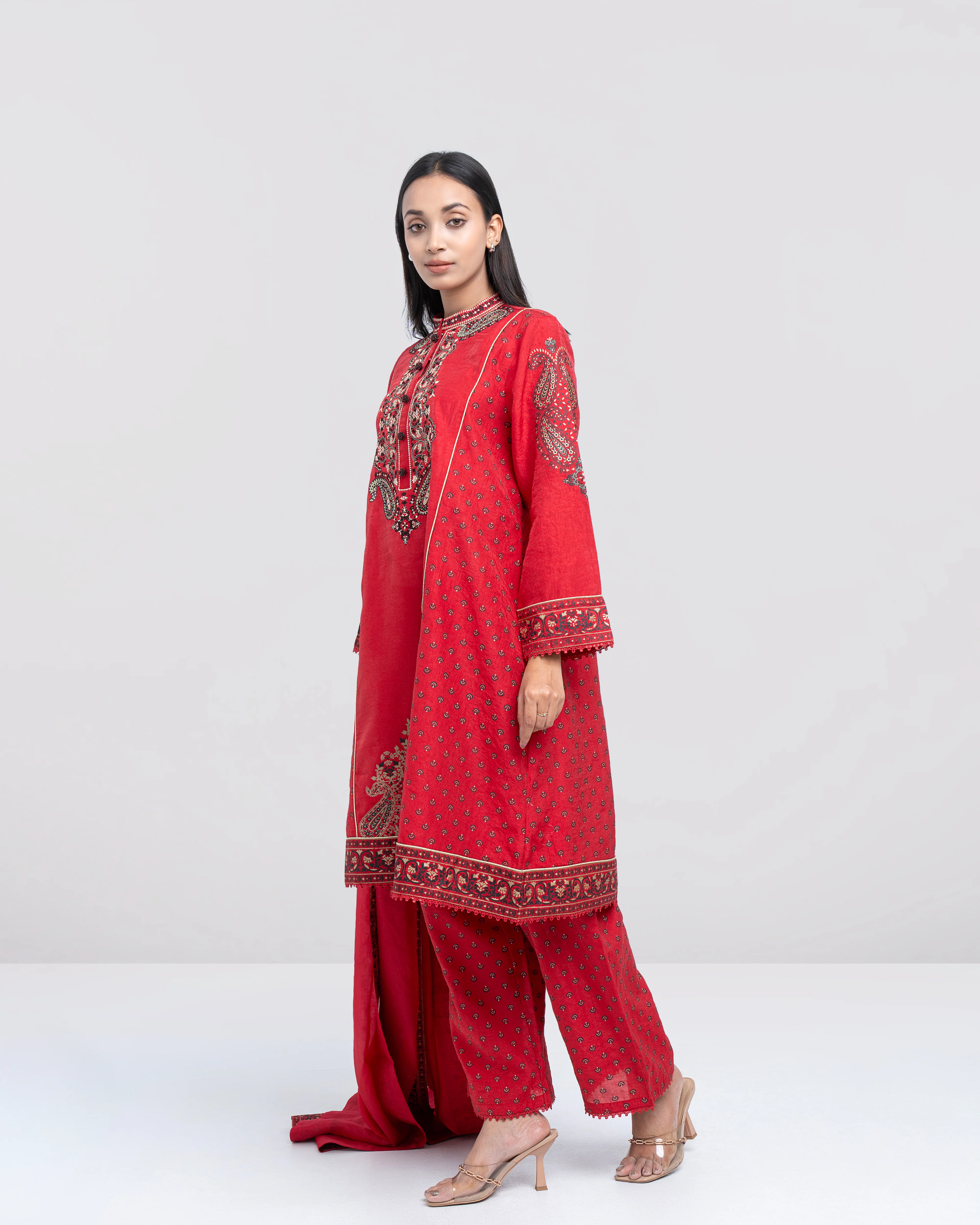 Smart Fit Embroidered Three-Piece Semi-Formal Ethnic Set with Silk Dupatta - Image 3