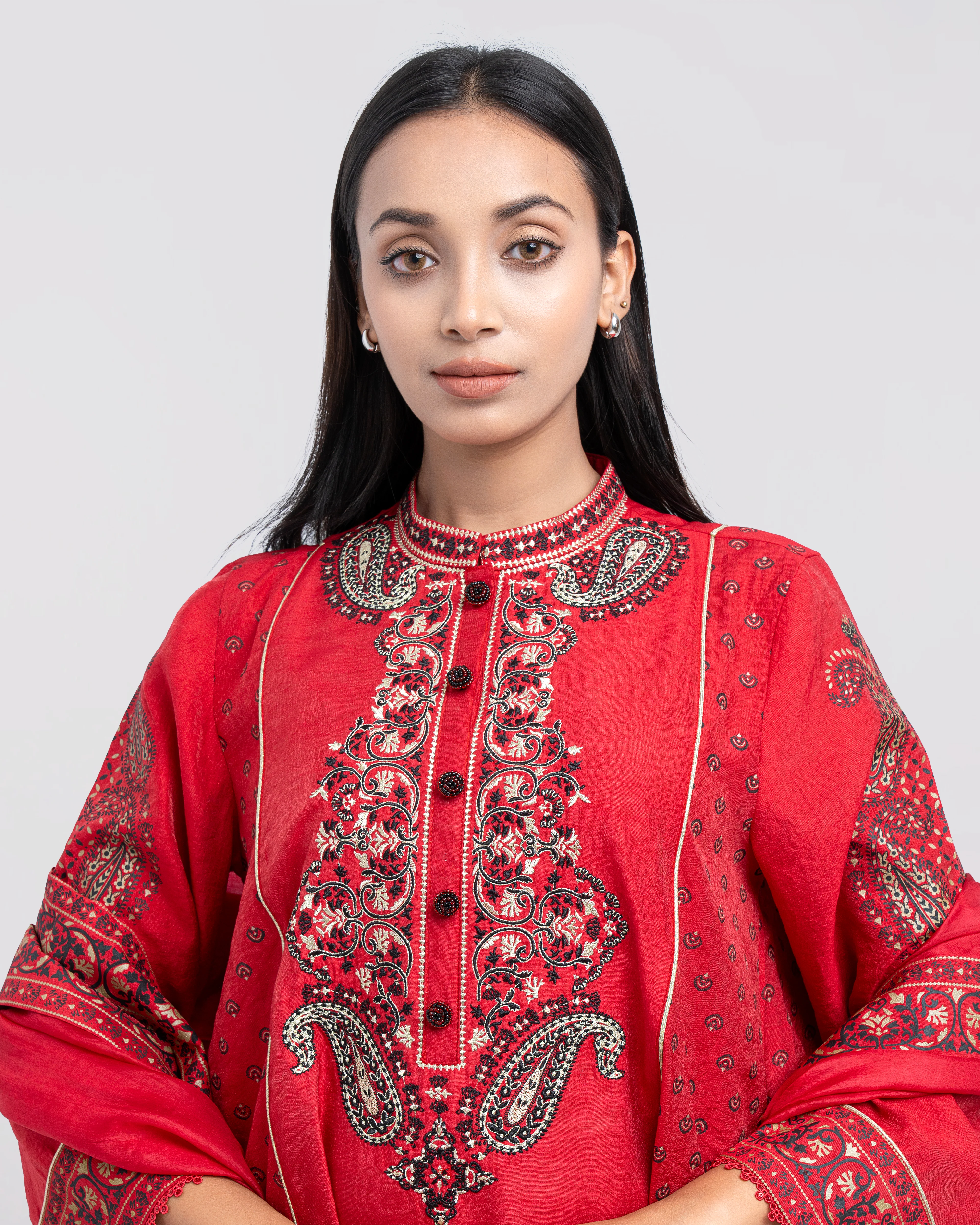 Smart Fit Embroidered Three-Piece Semi-Formal Ethnic Set with Silk Dupatta - Image 5