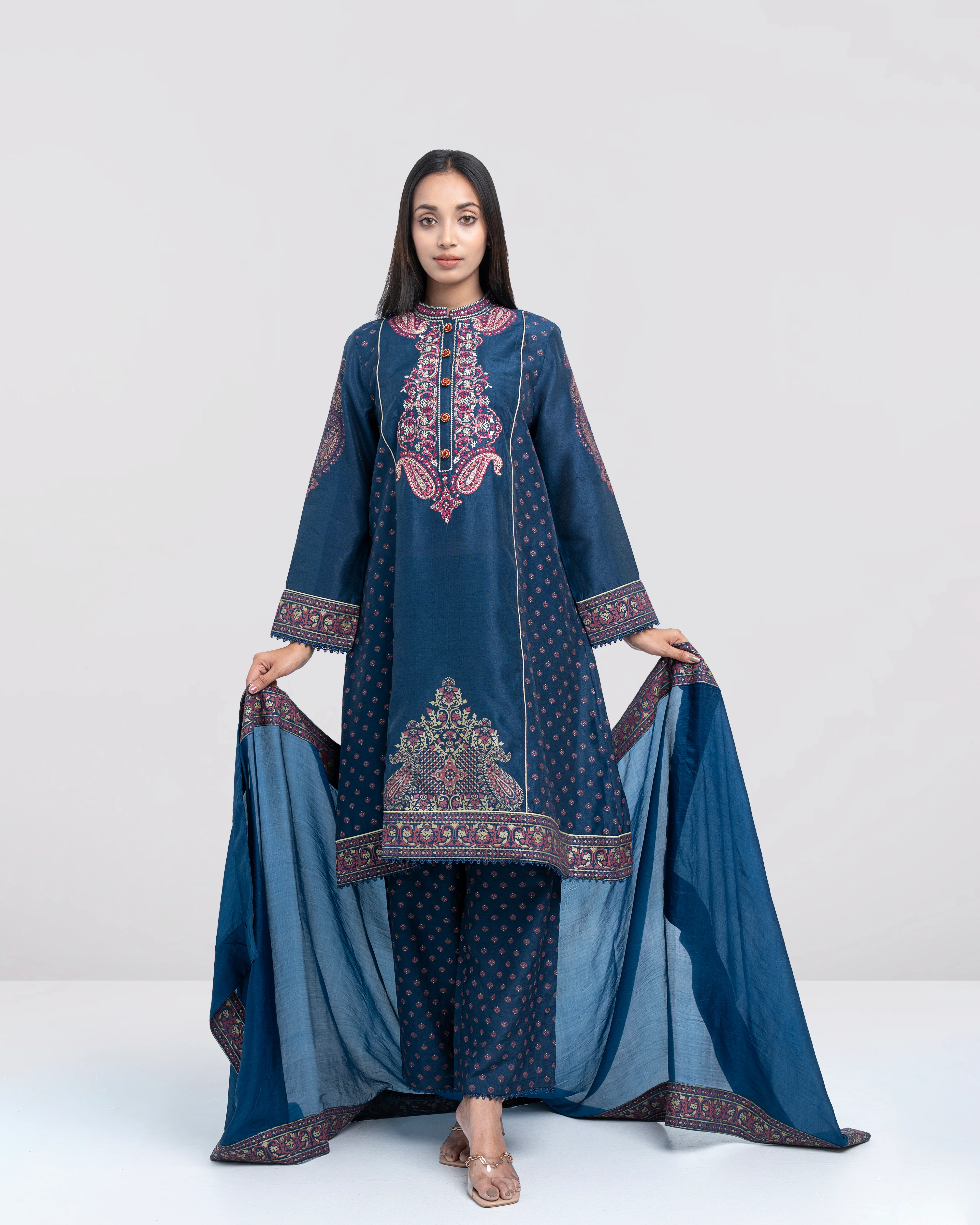 Smart Fit Embroidered Three-Piece Semi-Formal Ethnic Set with Silk Dupatta - Image 7