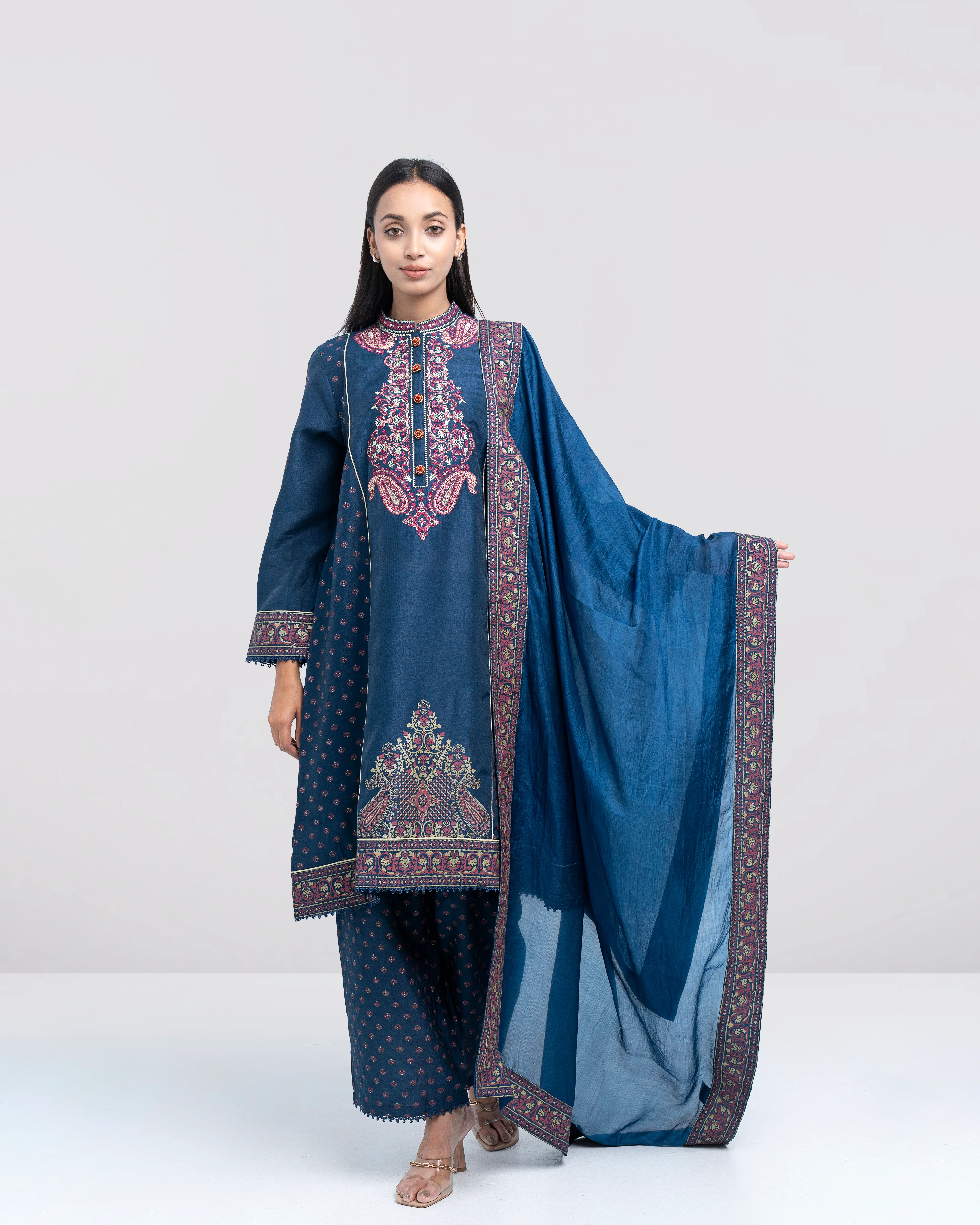 Smart Fit Embroidered Three-Piece Semi-Formal Ethnic Set with Silk Dupatta - Image 8