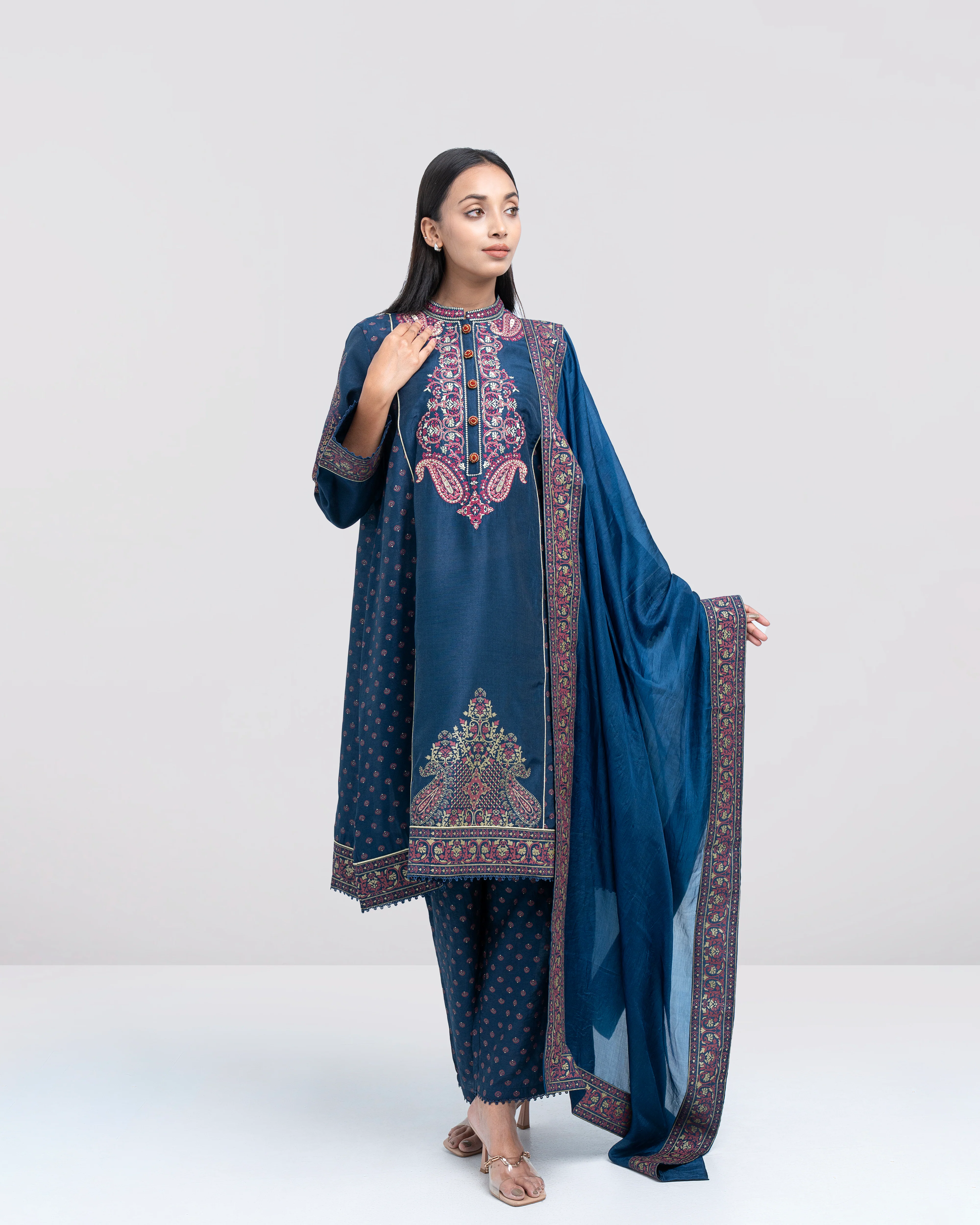 Smart Fit Embroidered Three-Piece Semi-Formal Ethnic Set with Silk Dupatta - Image 9