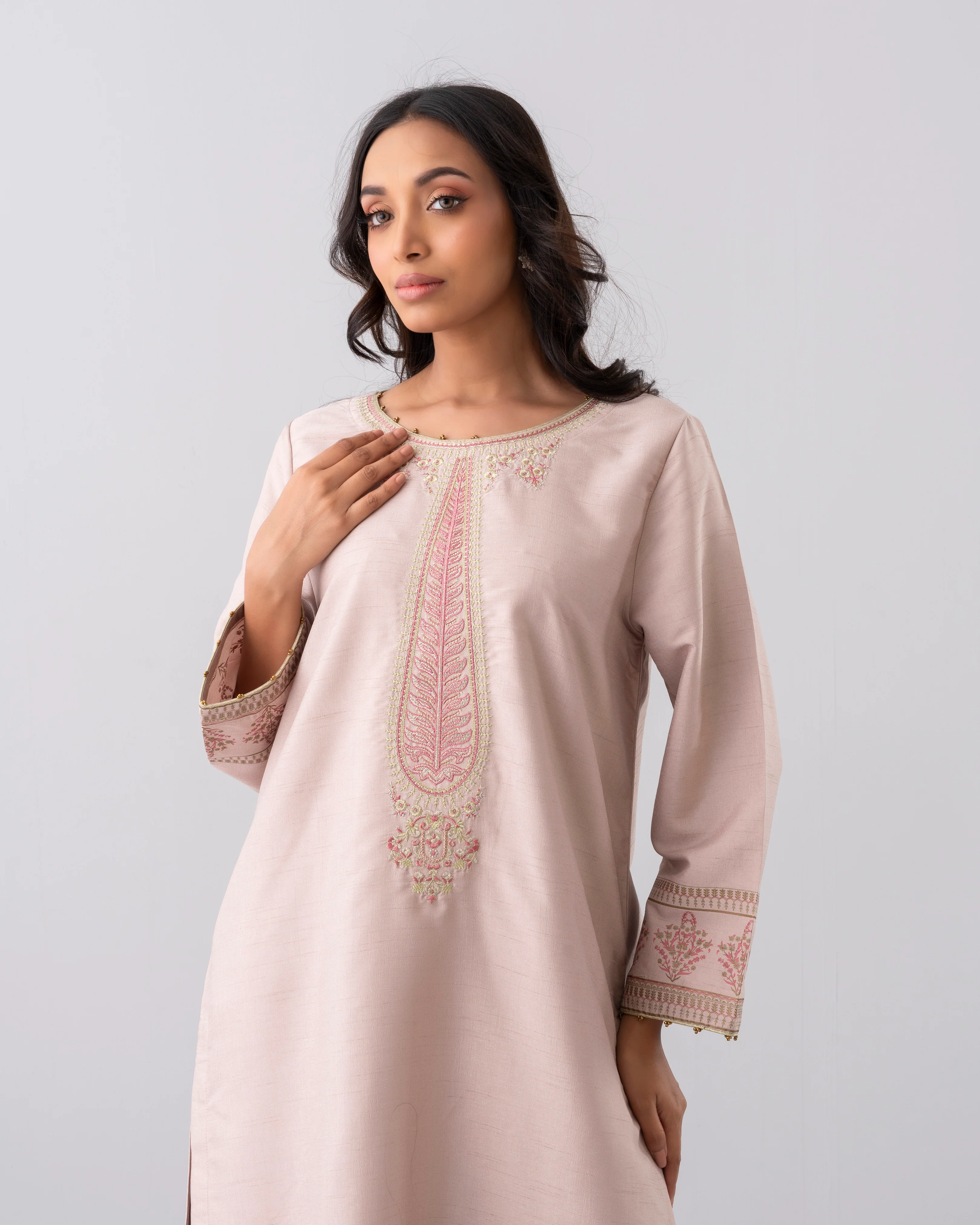 Smart Fit Embroidered Three-Piece Semi-Formal Ethnic Set with Organza Dupatta - Image 11