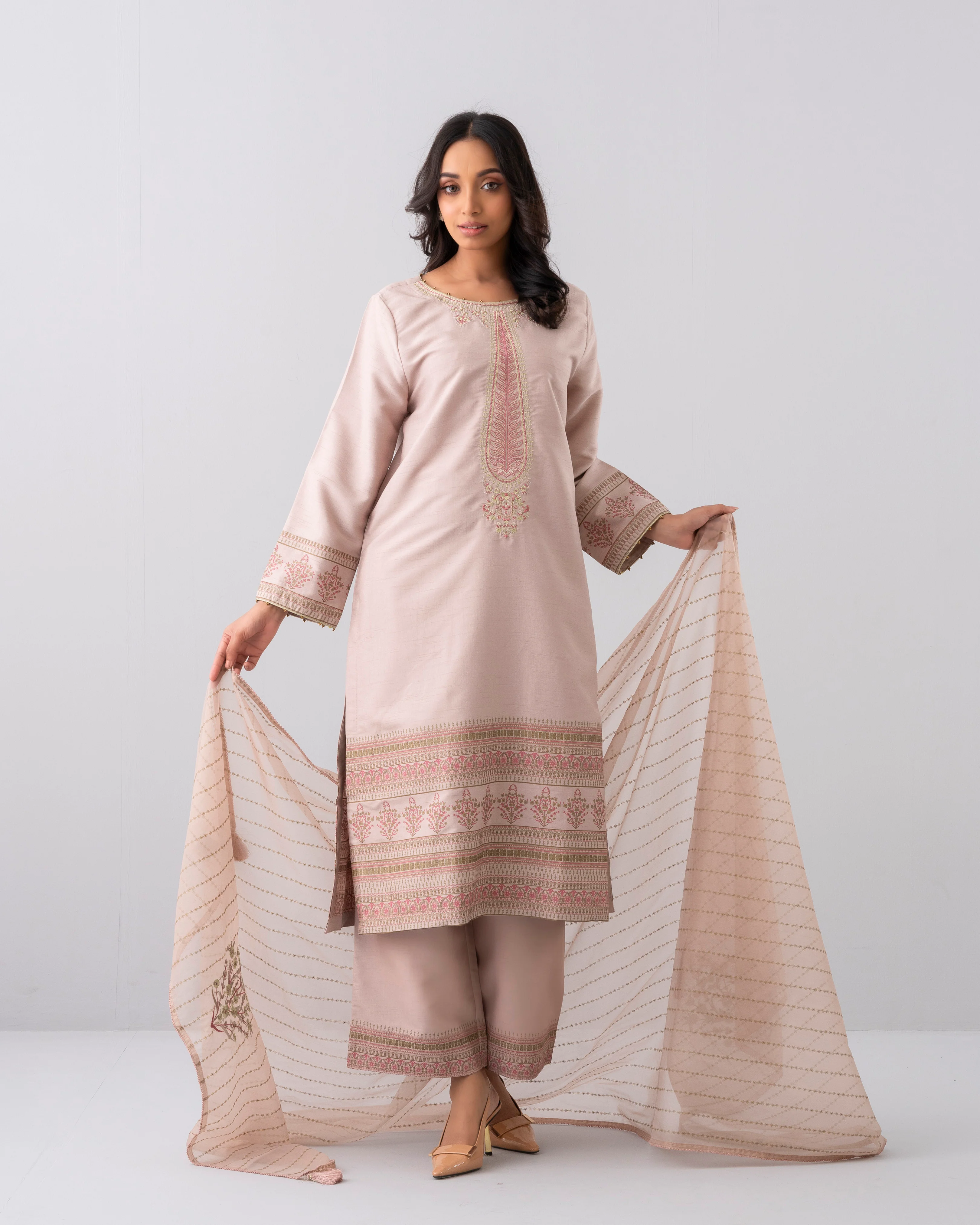 Smart Fit Embroidered Three-Piece Semi-Formal Ethnic Set with Organza Dupatta - Image 7