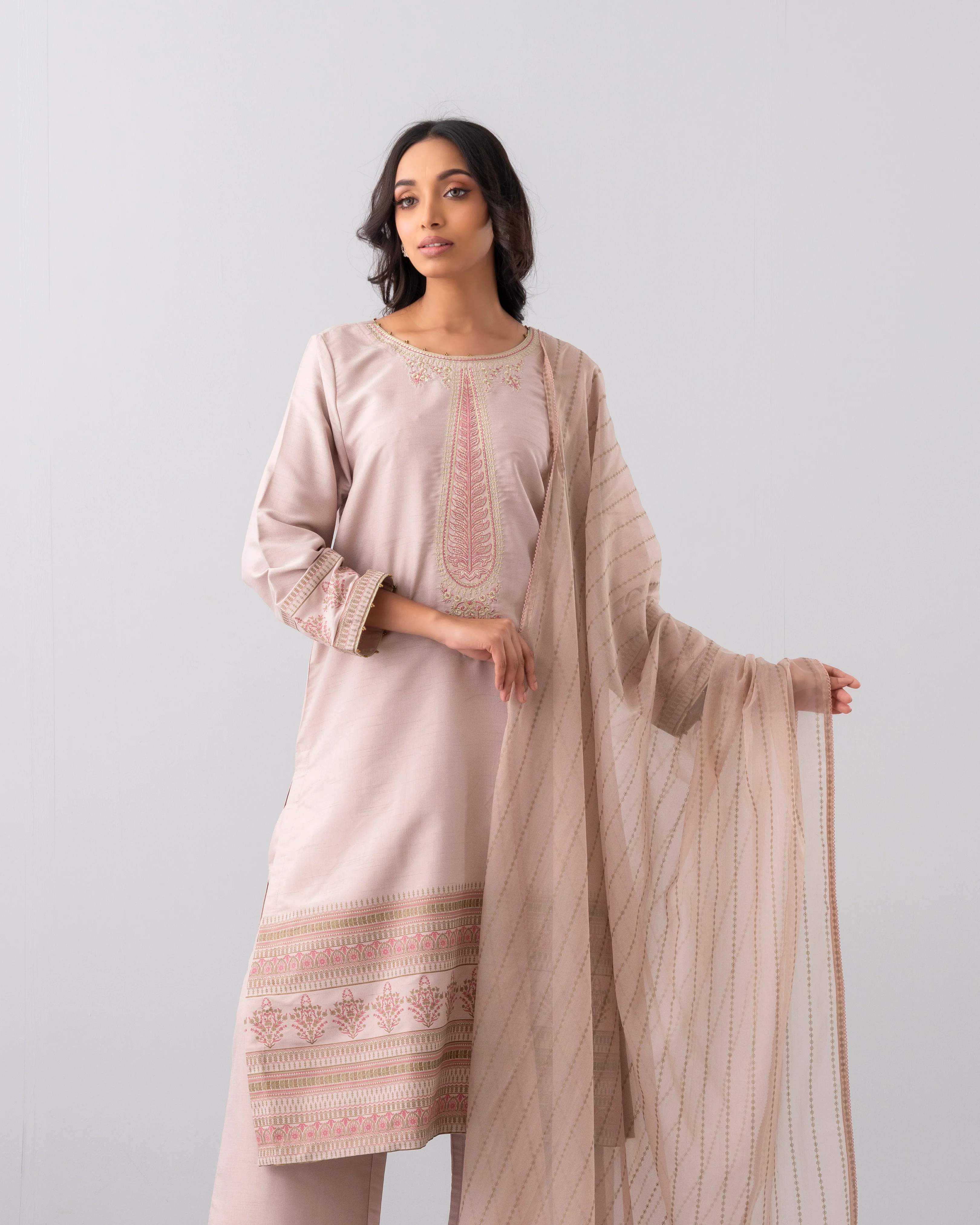 Smart Fit Embroidered Three-Piece Semi-Formal Ethnic Set with Organza Dupatta - Image 8