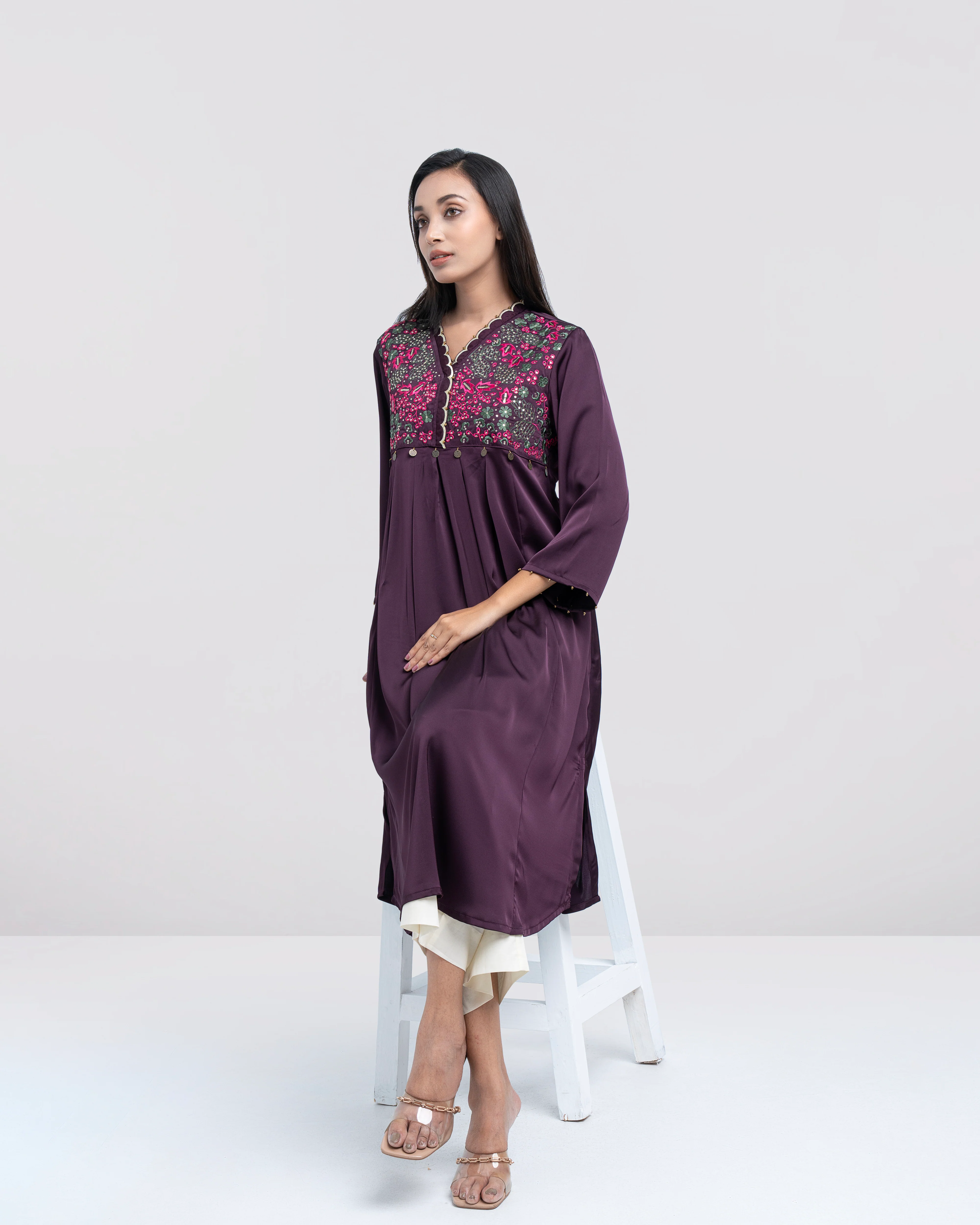 Smart Fit Scallop-Embroidered Satin Ethnic Kurta - Image 6