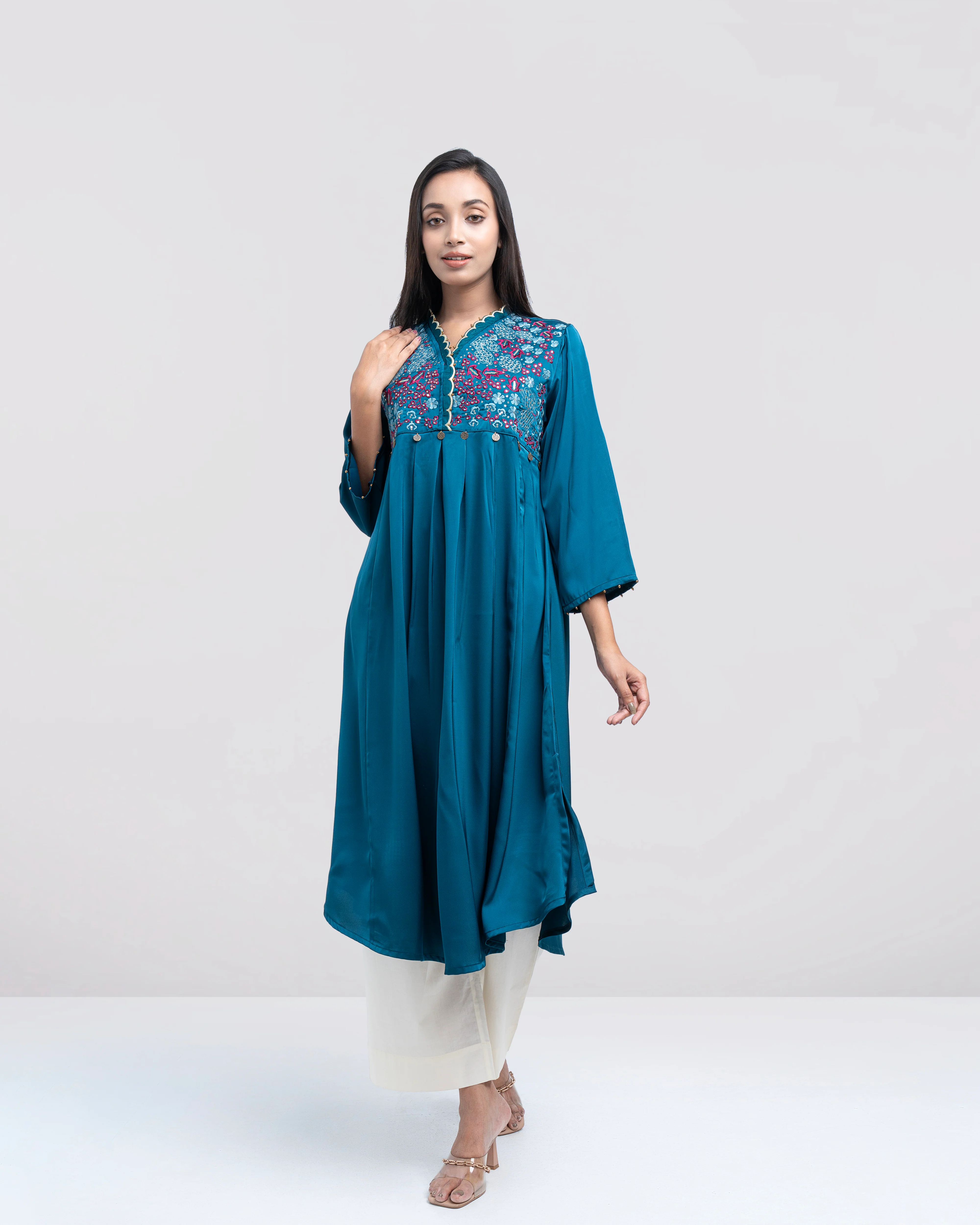 Smart Fit Scallop-Embroidered Satin Ethnic Kurta - Image 7