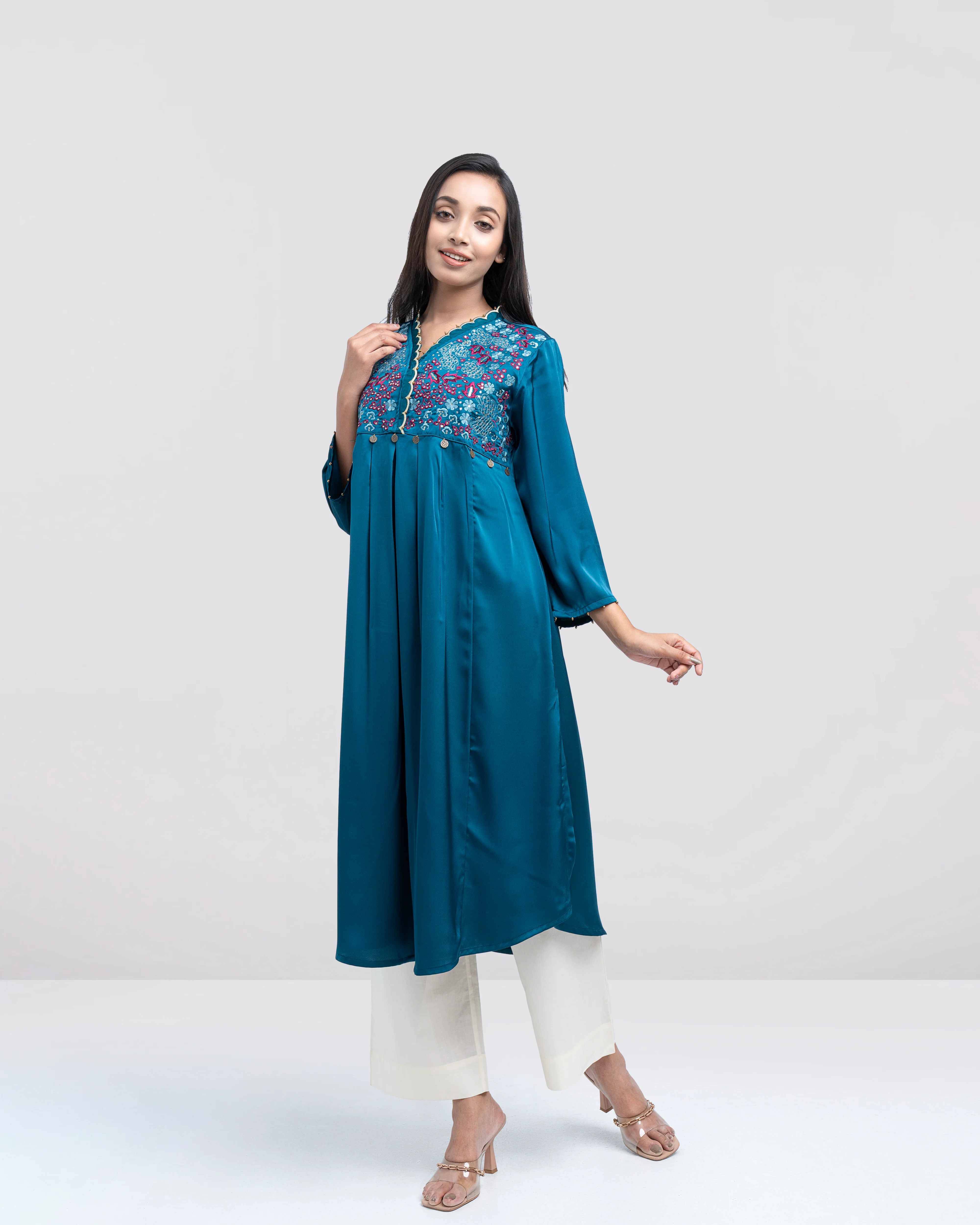 Smart Fit Scallop-Embroidered Satin Ethnic Kurta - Image 9