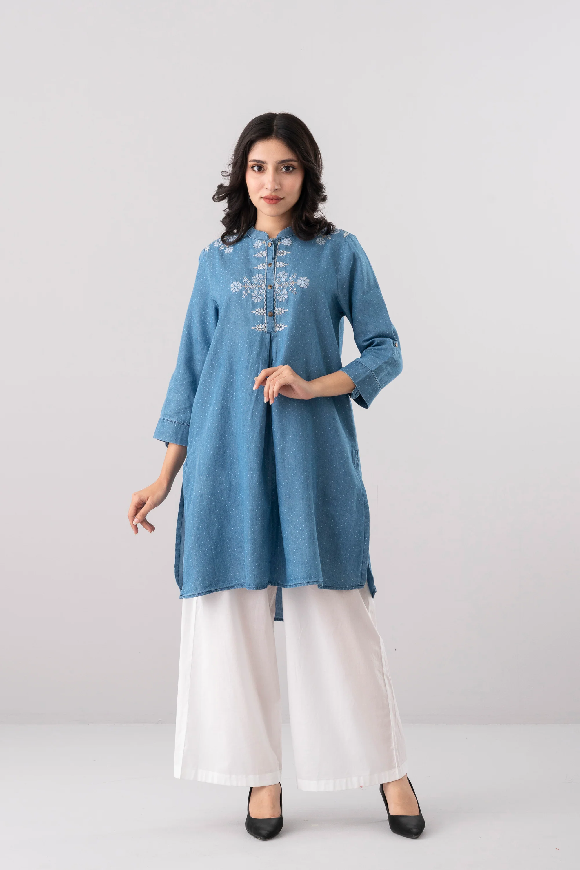 Smart Fit Embroidered Denim Ethnic Kurti