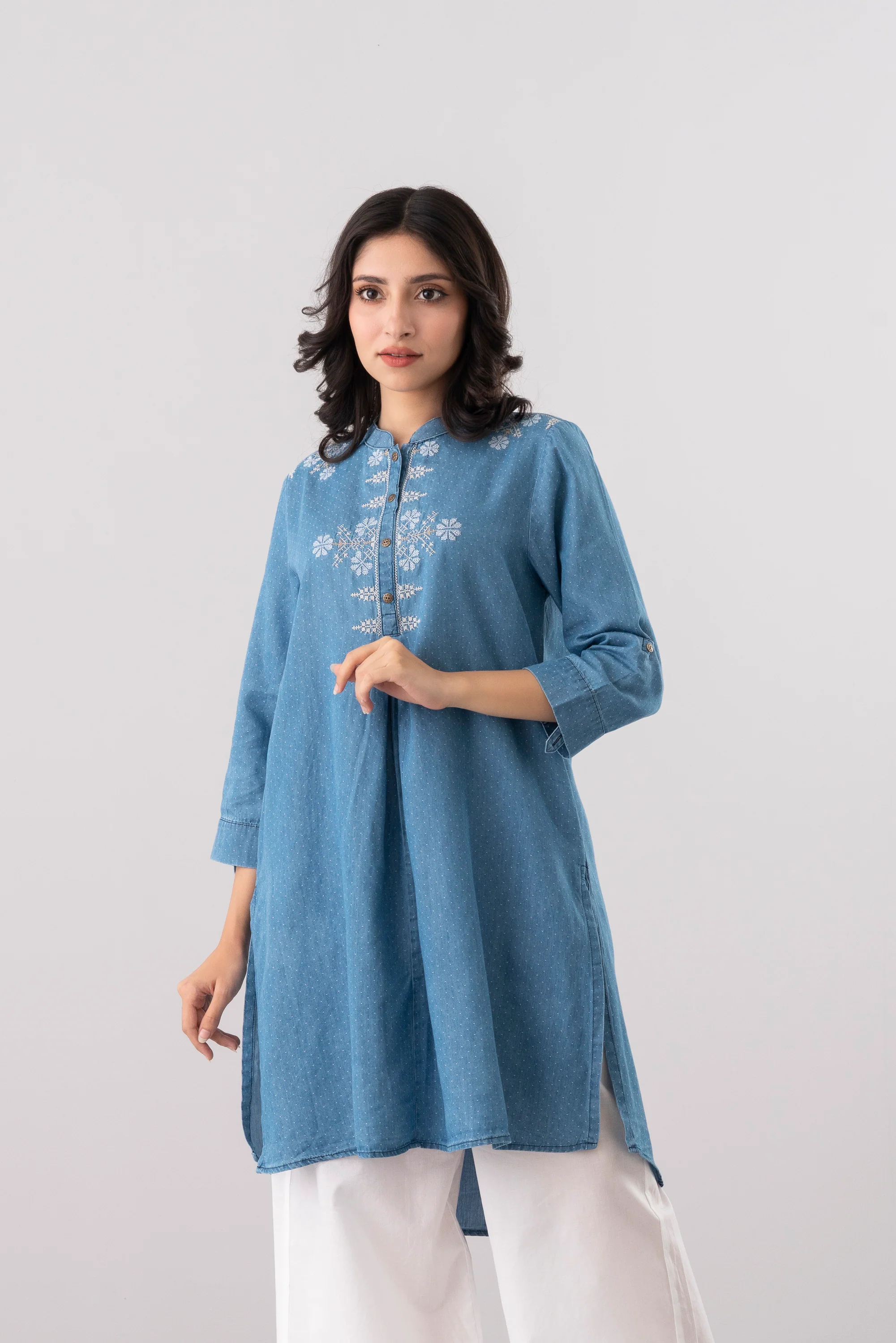 Smart Fit Embroidered Denim Ethnic Kurti - Image 2