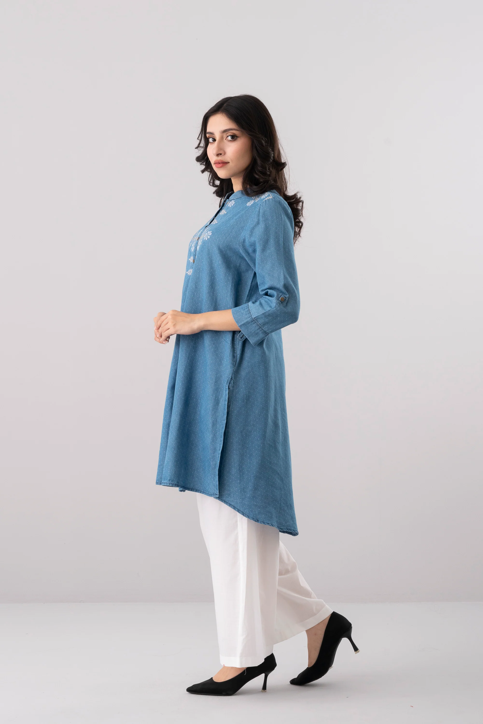Smart Fit Embroidered Denim Ethnic Kurti - Image 3