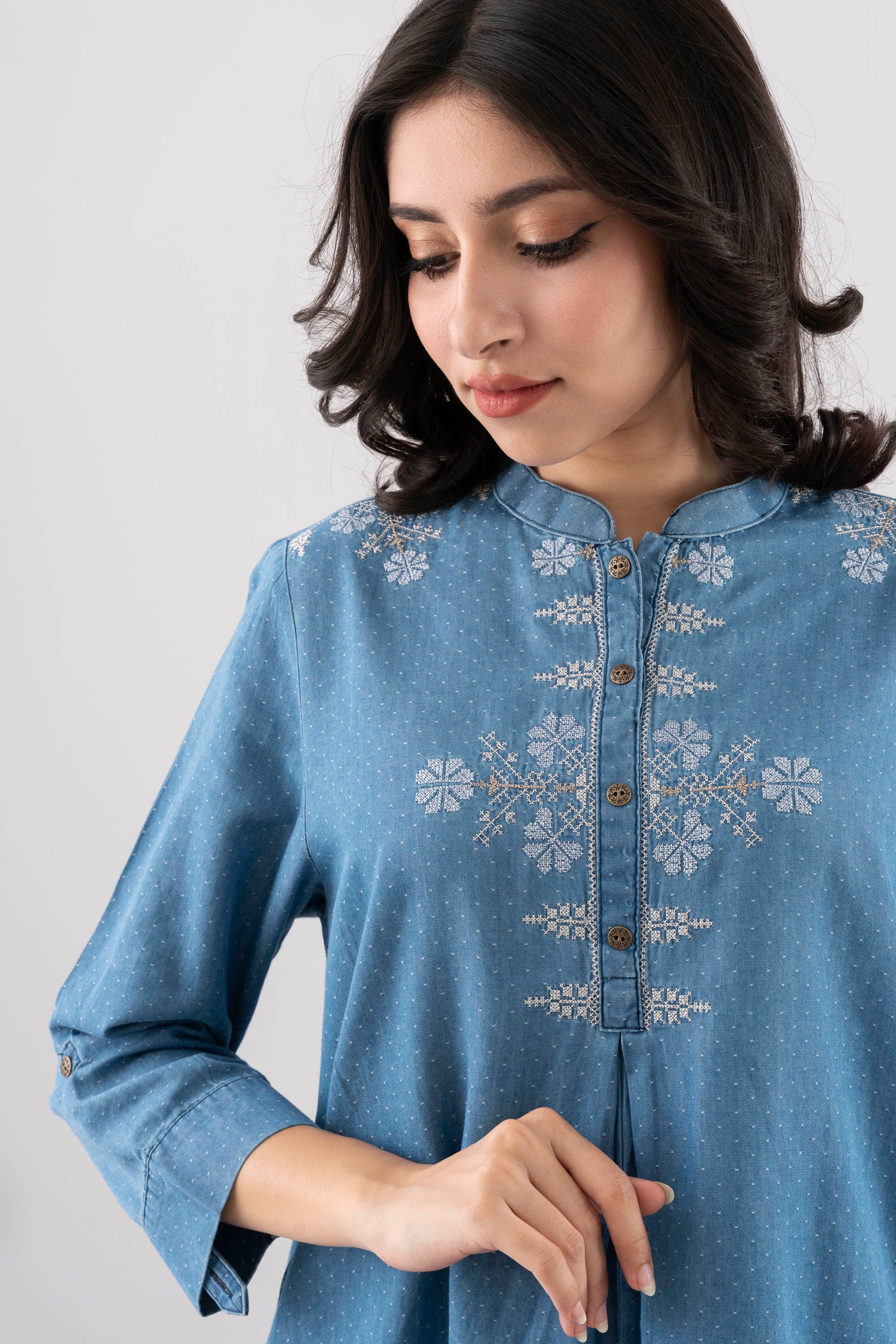 Smart Fit Embroidered Denim Ethnic Kurti - Image 5