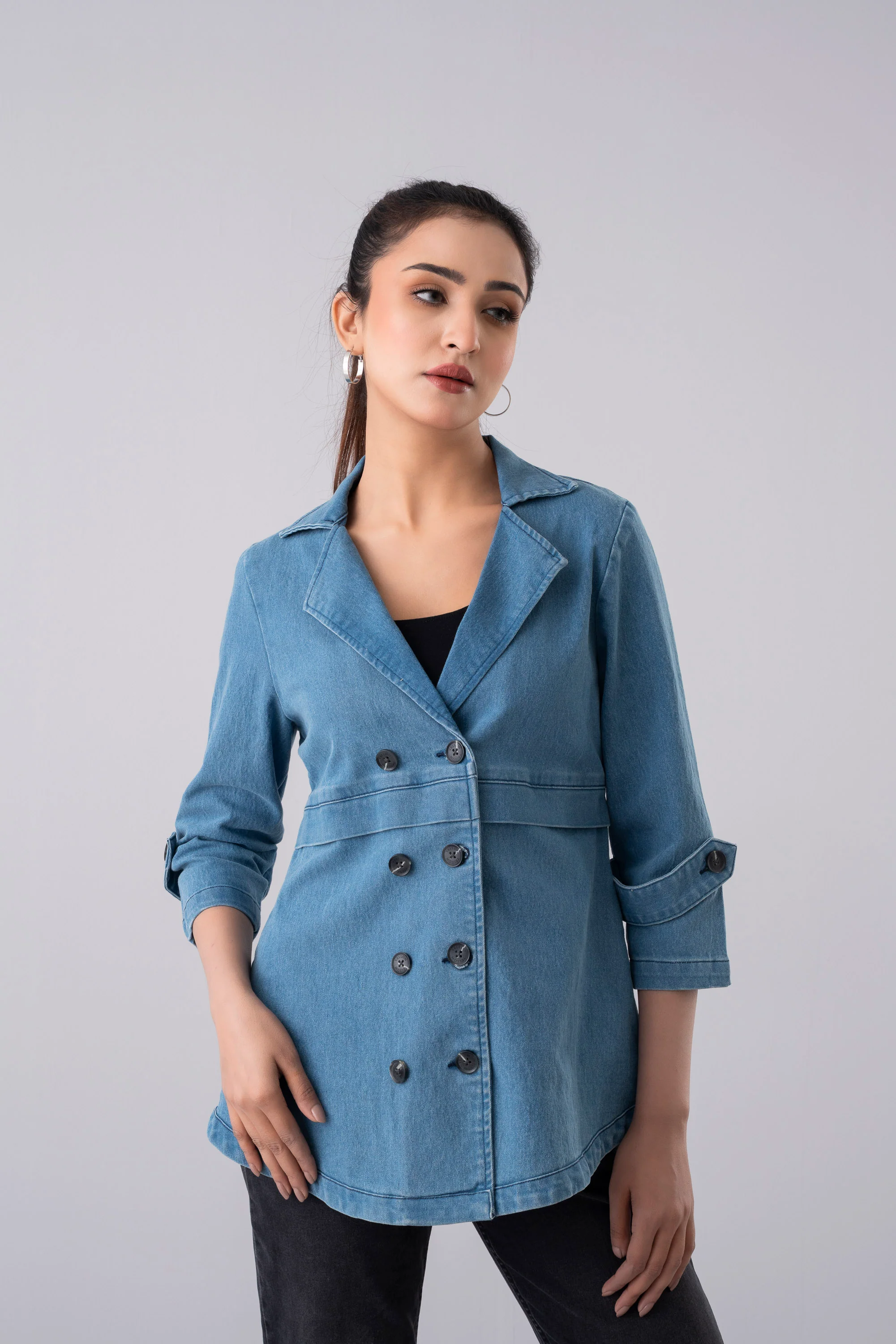 Double-Breasted Mid-Washed Denim Jacket - Image 2