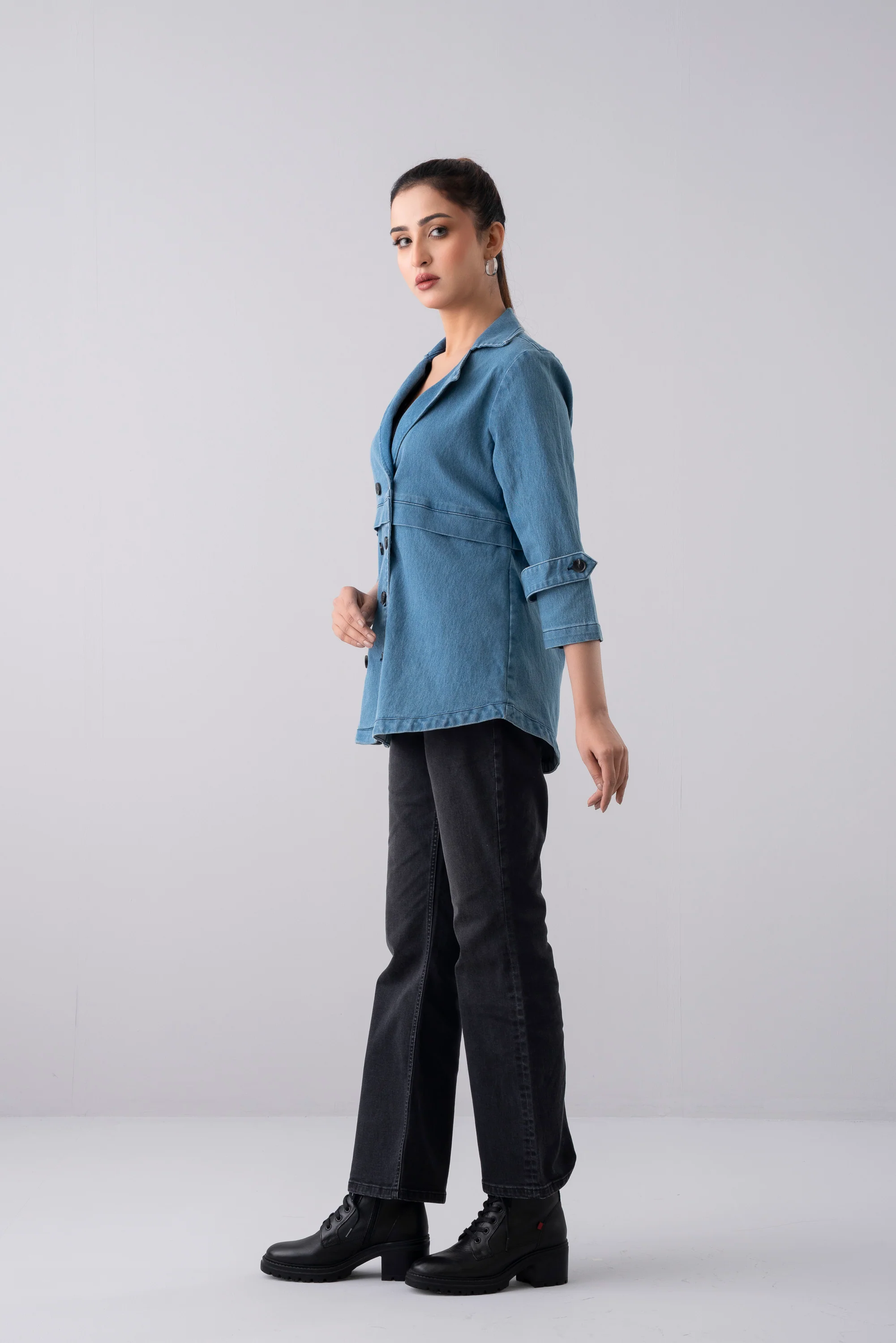 Double-Breasted Mid-Washed Denim Jacket - Image 3